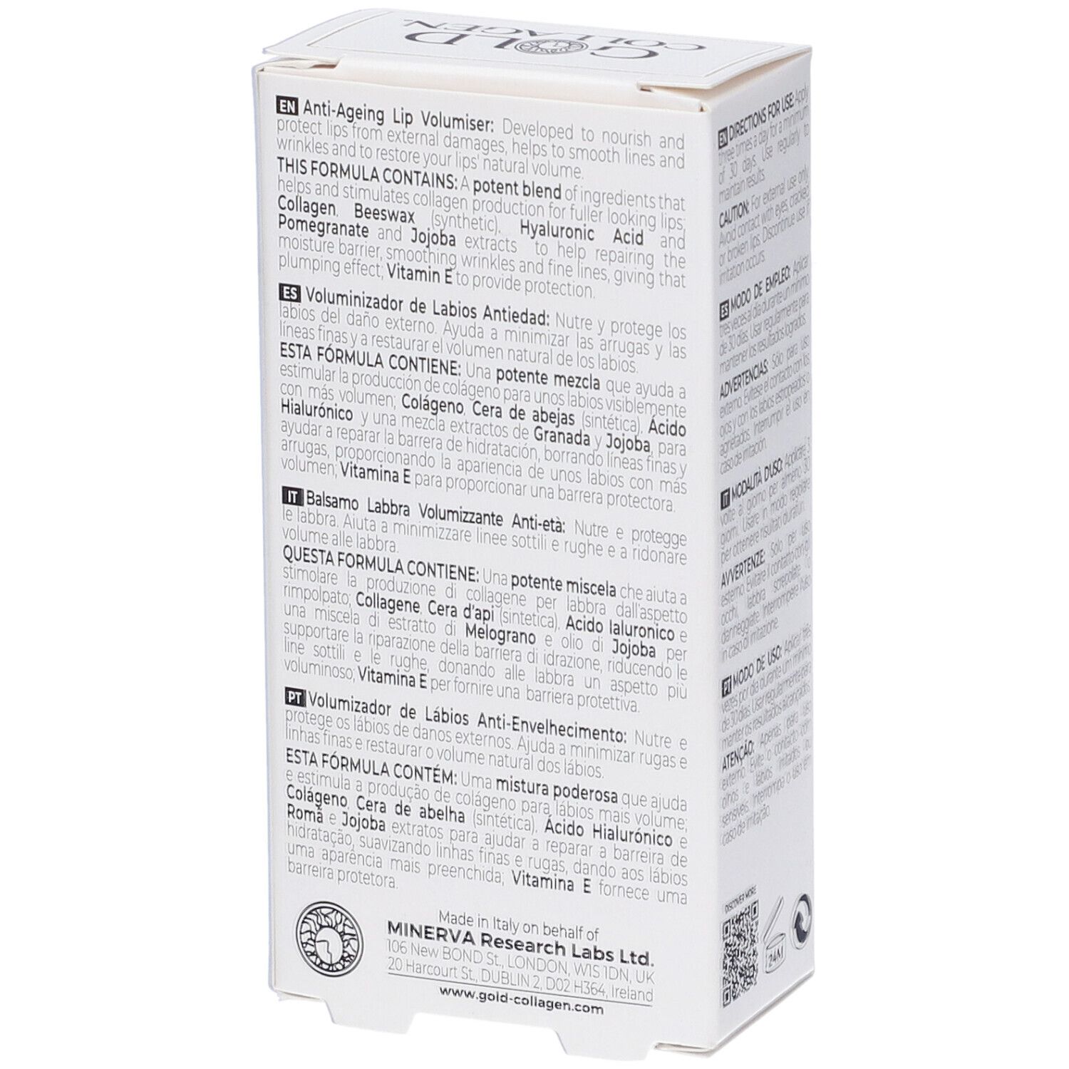 Scatola bianca, retro con testo multilingue. Logo Gold Collagen e ingredienti.