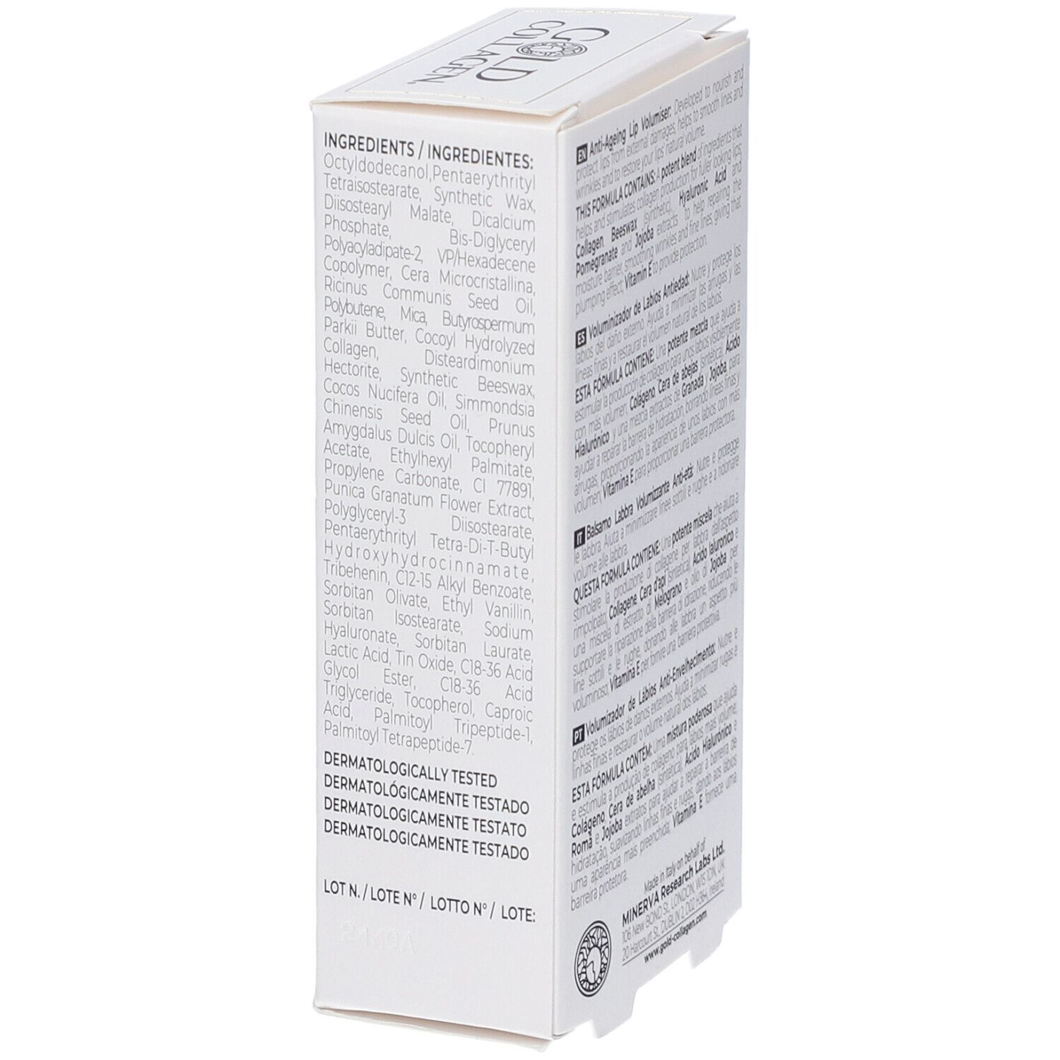 Scatola bianca, vista laterale con elenco ingredienti. Logo Gold Collagen e testo.