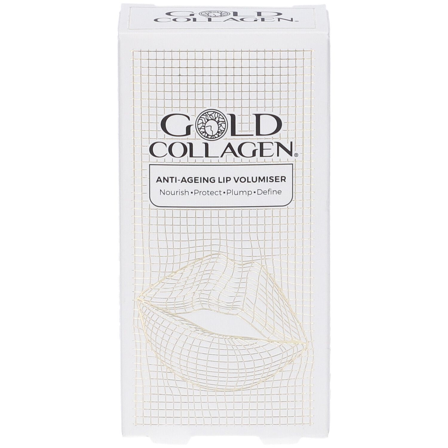 Scatola bianca con logo Gold Collagen e illustrazione labbra. Testo: Anti-Ageing Lip Volumiser.
