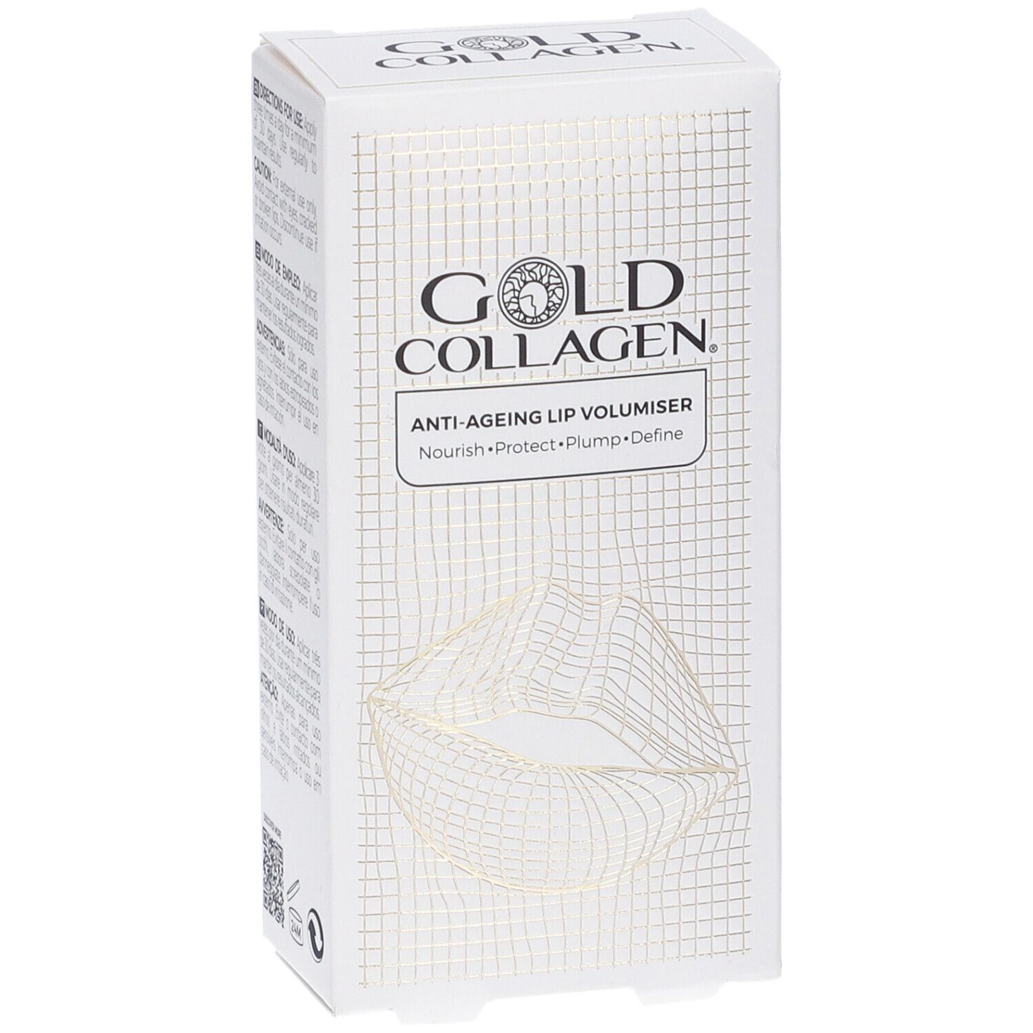 Scatola bianca con logo Gold Collagen e illustrazione labbra. Testo: Anti-Ageing Lip Volumiser.