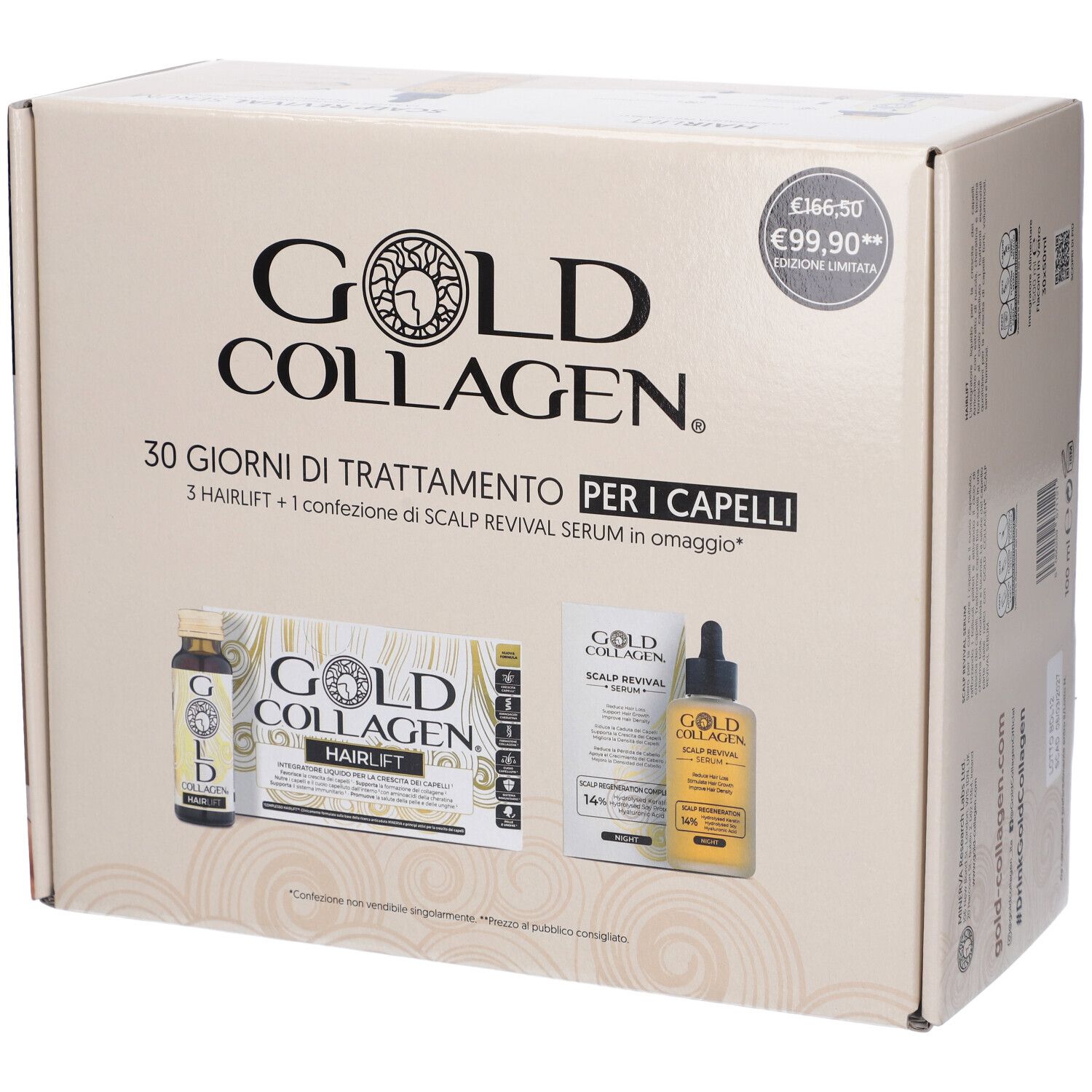 Gold Collagen Box Hairlift Gold Collagen Hairlift Flaconi + 1 Confezione Gold Collagen Scalp Revival Serum in Omaggio