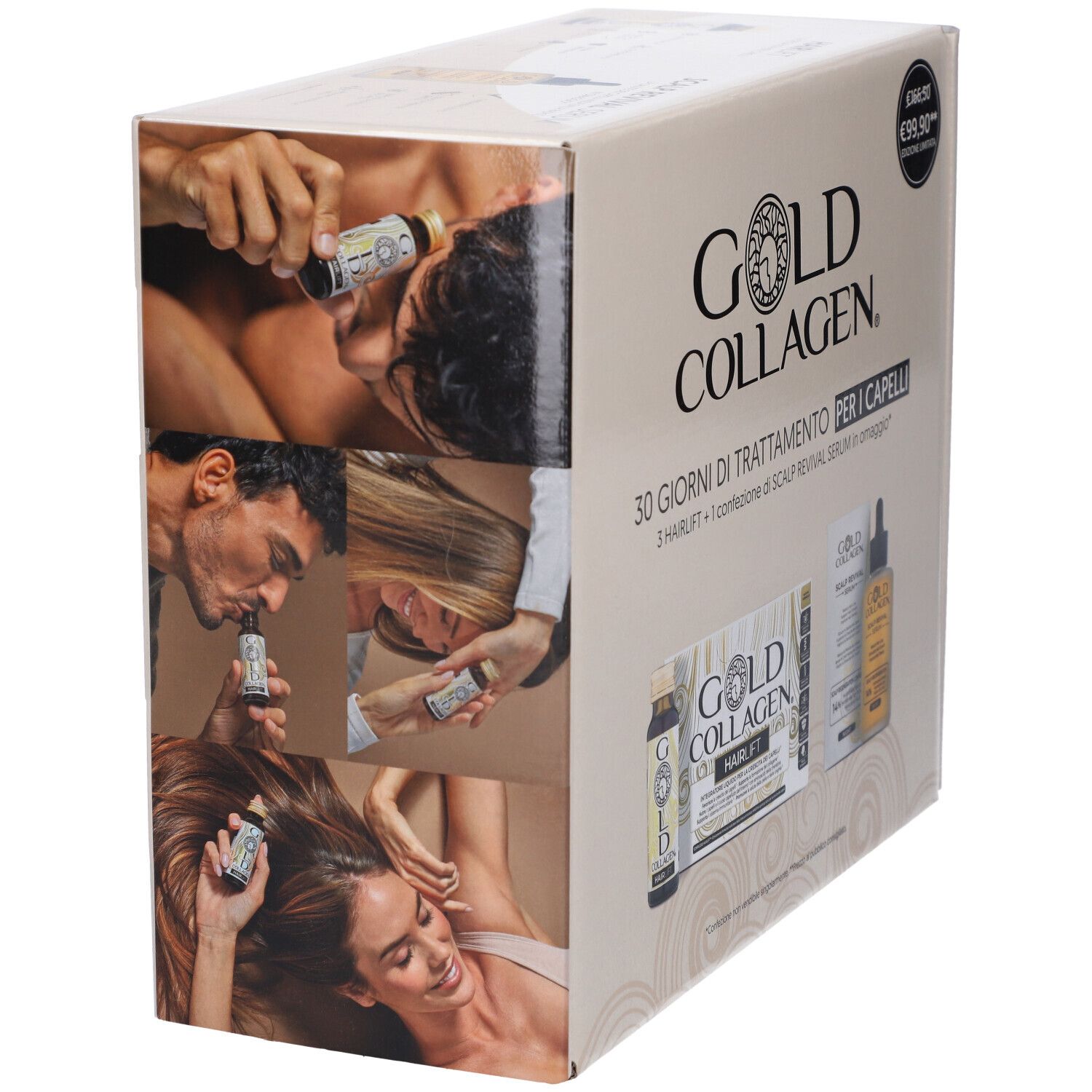 Gold Collagen Box con immagini di persone che usano il prodotto. Confezione beige con logo e testo.