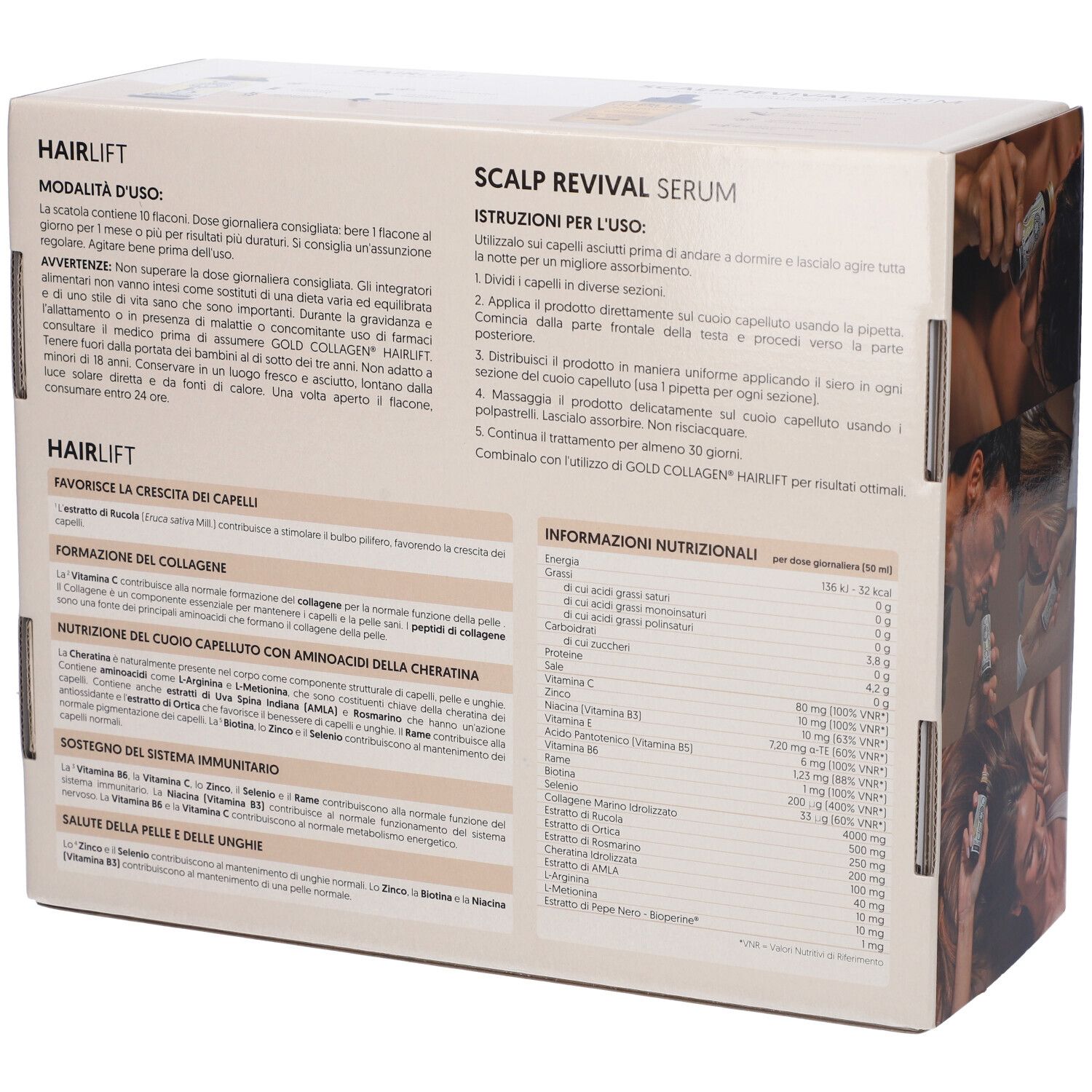 Retro della Gold Collagen Box. Informazioni su Hairlift e Scalp Revival Serum. Testo e informazioni nutrizionali.