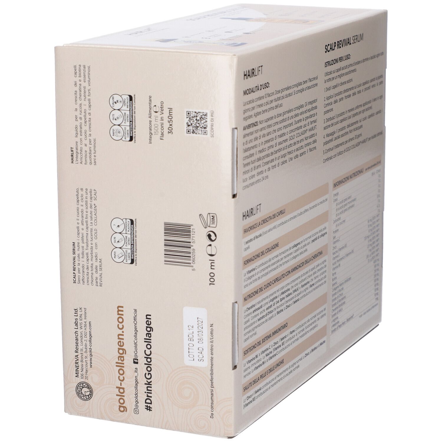Lato della Gold Collagen Box. Informazioni su Hairlift e Scalp Revival Serum. Testo e codice QR.