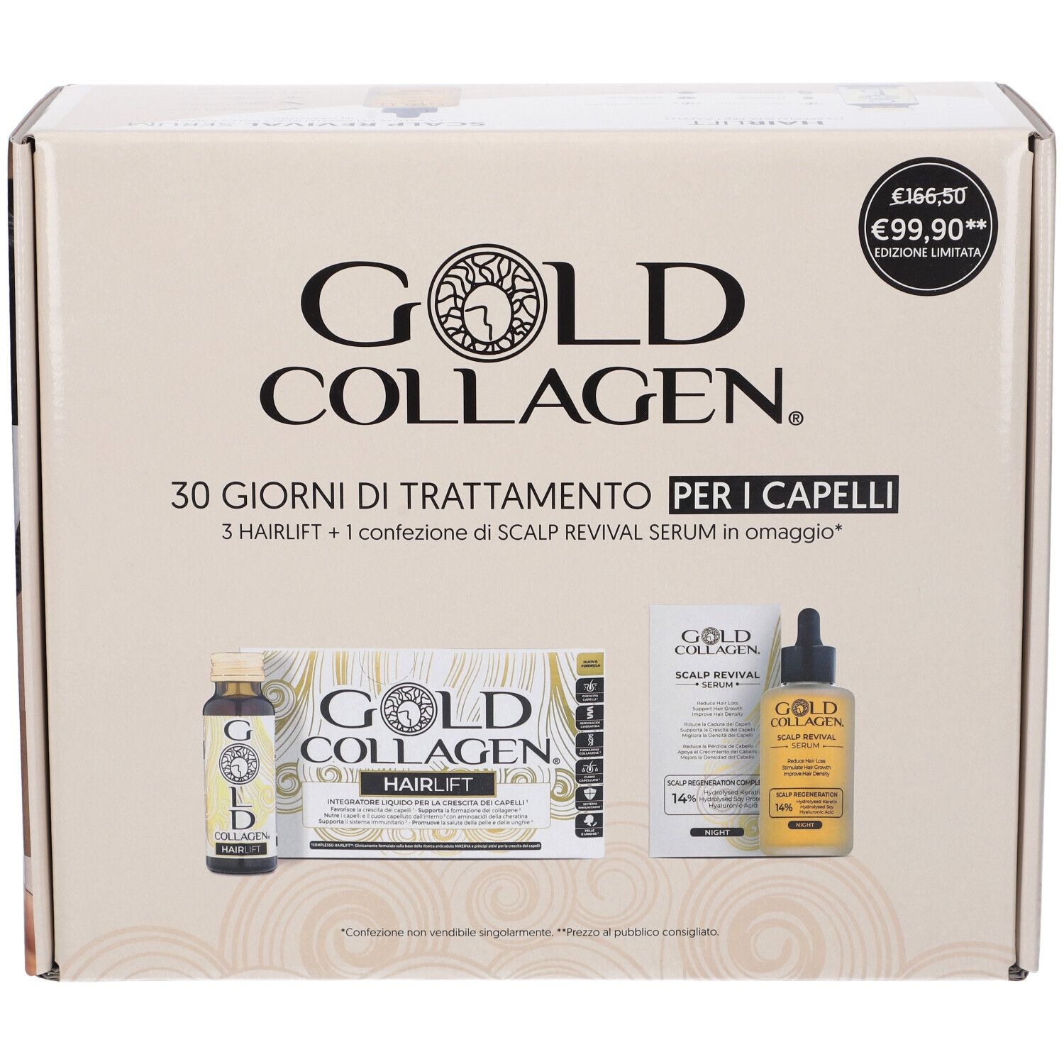 Gold Collagen Box. Trattamento 30 giorni per capelli, Hairlift e siero. Confezione beige con logo e testo.