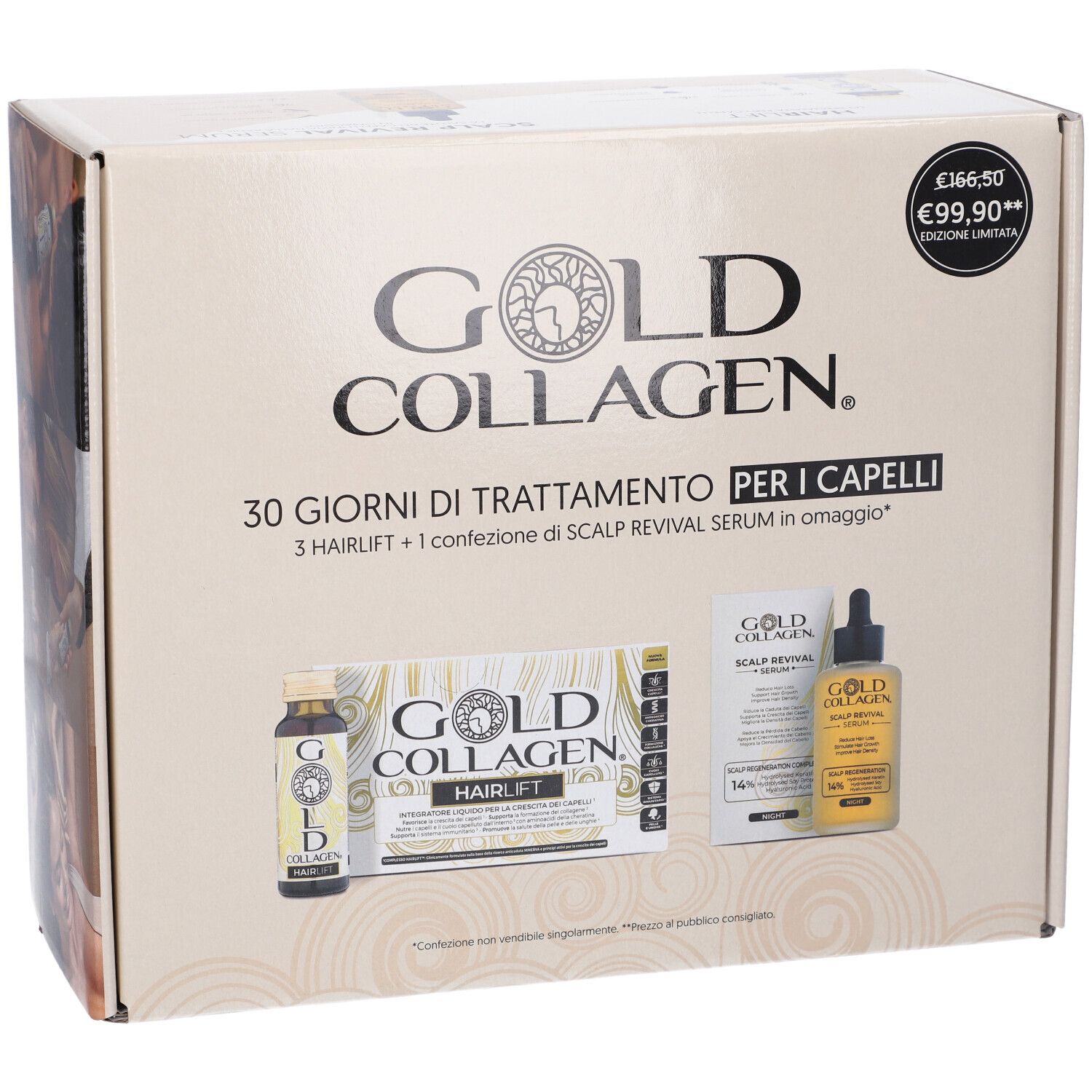 Gold Collagen Box. Trattamento 30 giorni per capelli, Hairlift e siero. Confezione beige con logo e testo.