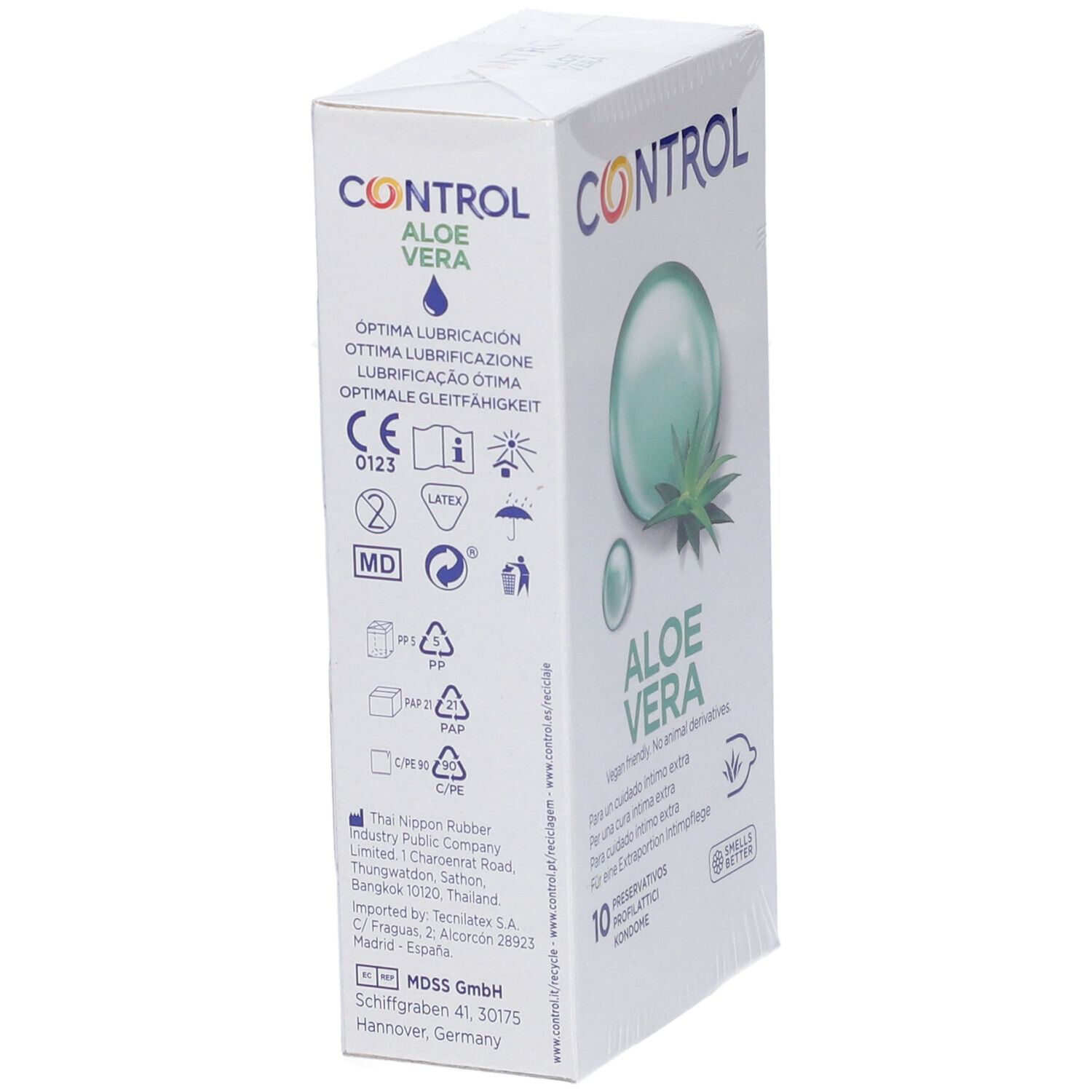 Confezione da 10 preservativi Control Aloe Vera con sigilli CE e MD.