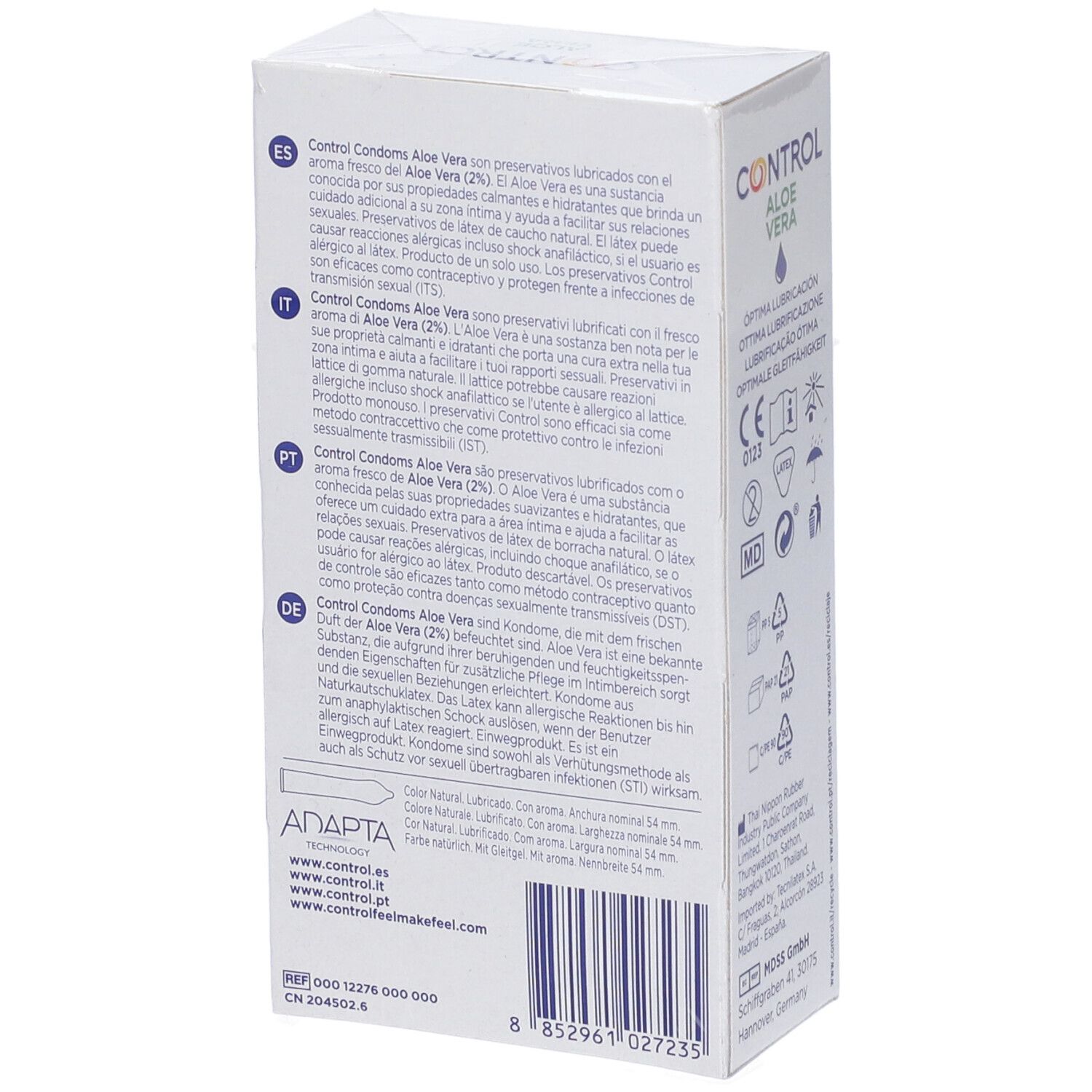 Retro della confezione da 10 preservativi Control Aloe Vera con informazioni sul prodotto.