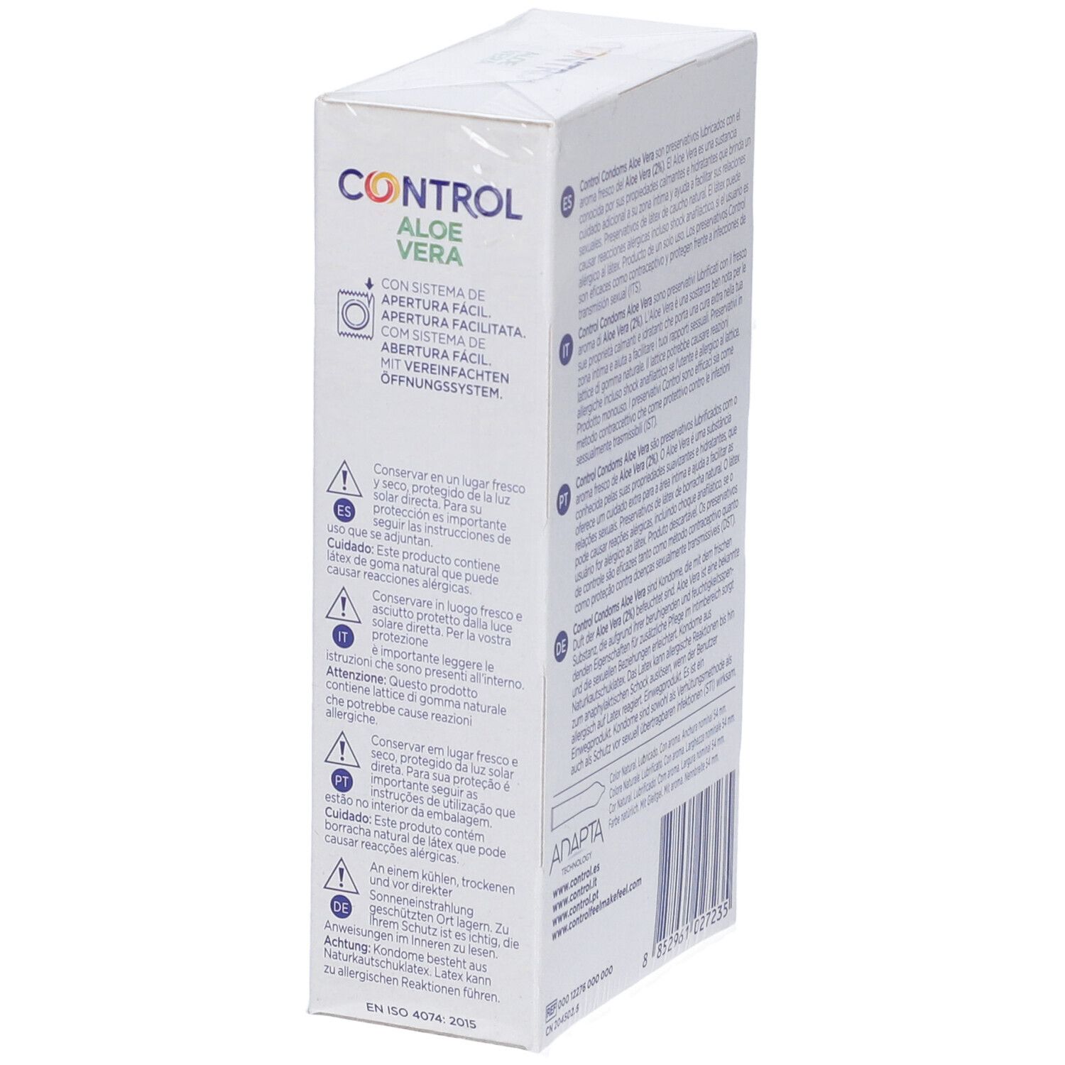 Lato della confezione da 10 preservativi Control Aloe Vera con istruzioni per l'uso.