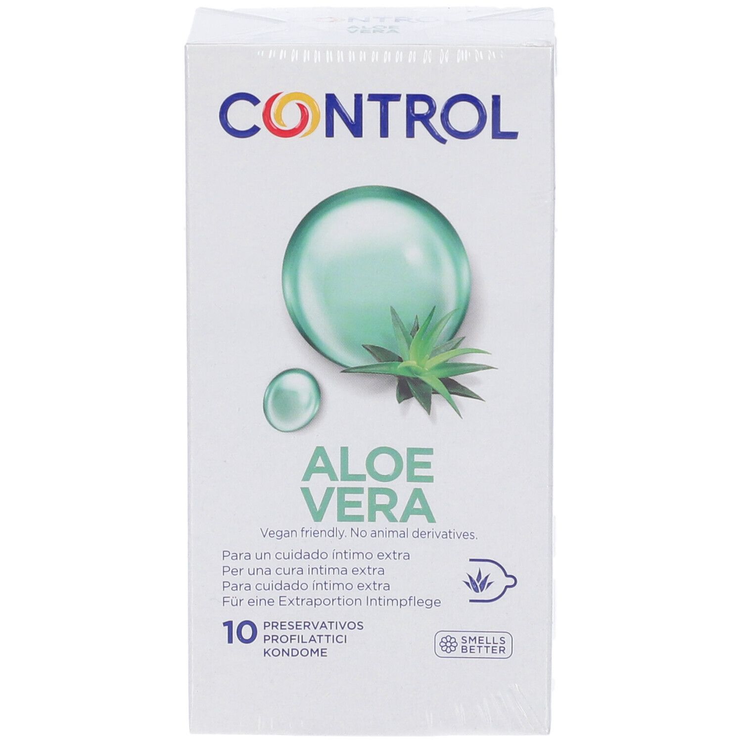 Fronte della confezione da 10 preservativi Control Aloe Vera con motivo di aloe.