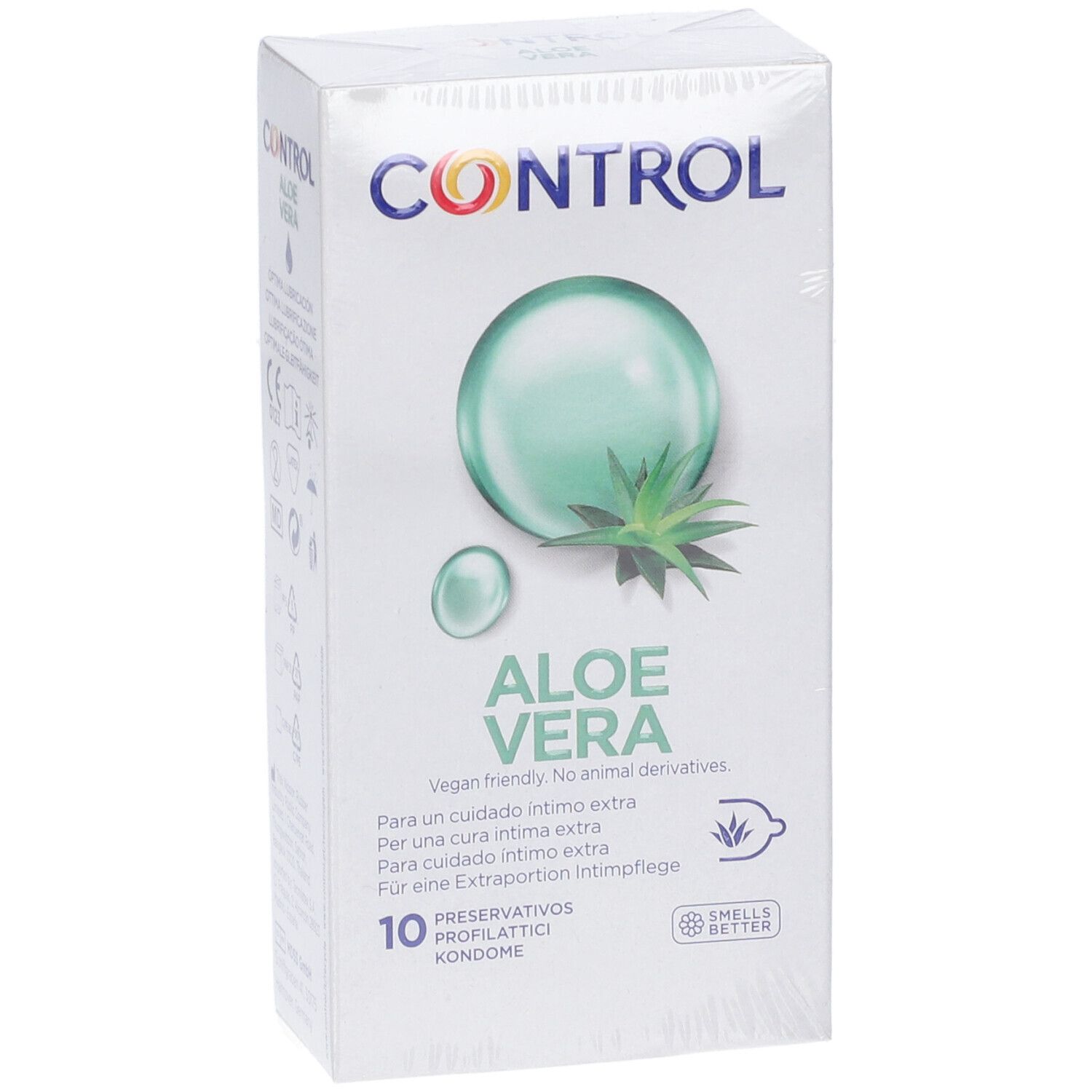 Confezione da 10 preservativi Control Aloe Vera, adatta ai vegani.