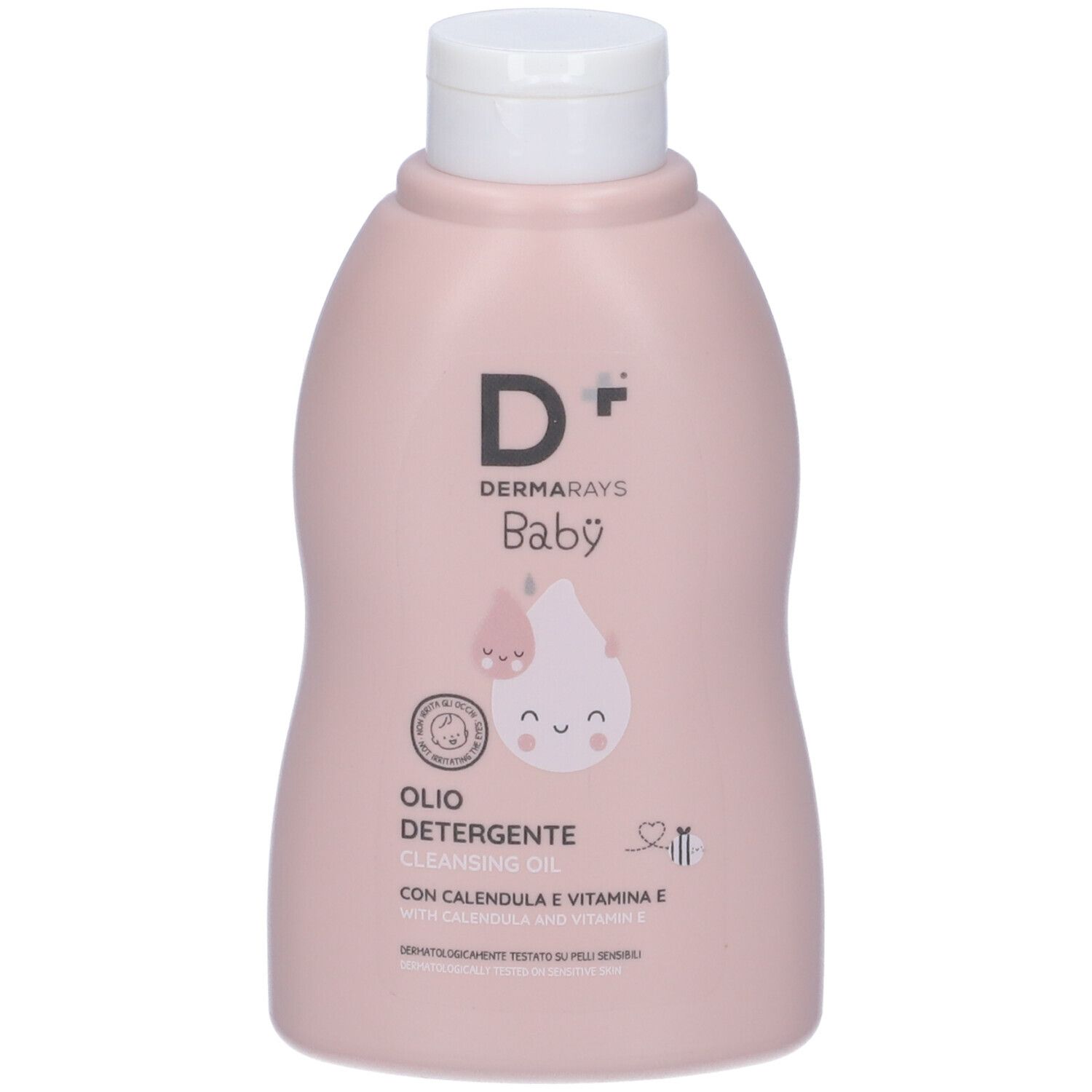 Flacone rosa con tappo bianco. Scritta 'Dermarays Baby Olio Detergente'. Illustrazione di una goccia e un volto.