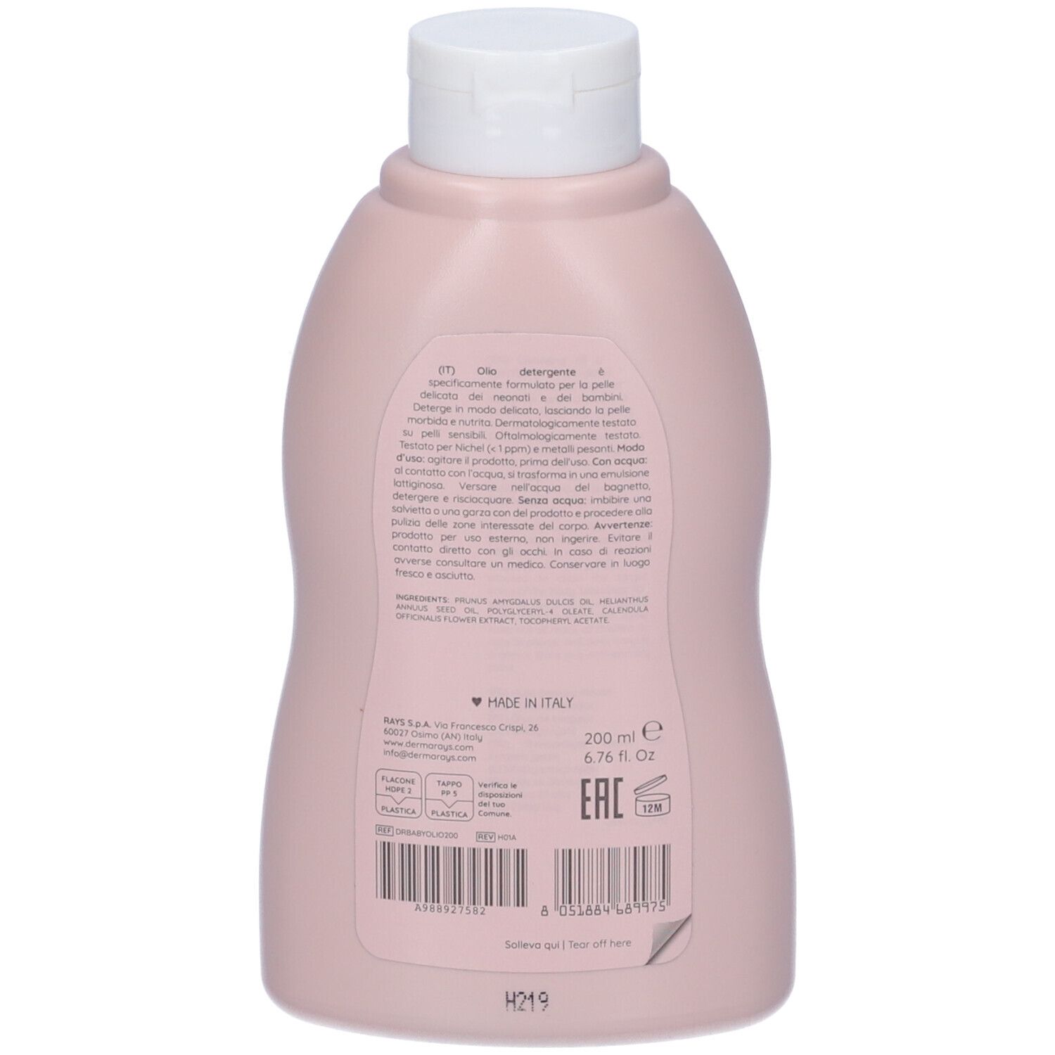 Retro di un flacone rosa con tappo bianco. Informazioni testuali e codice a barre. Scritta 'Made in Italy'.