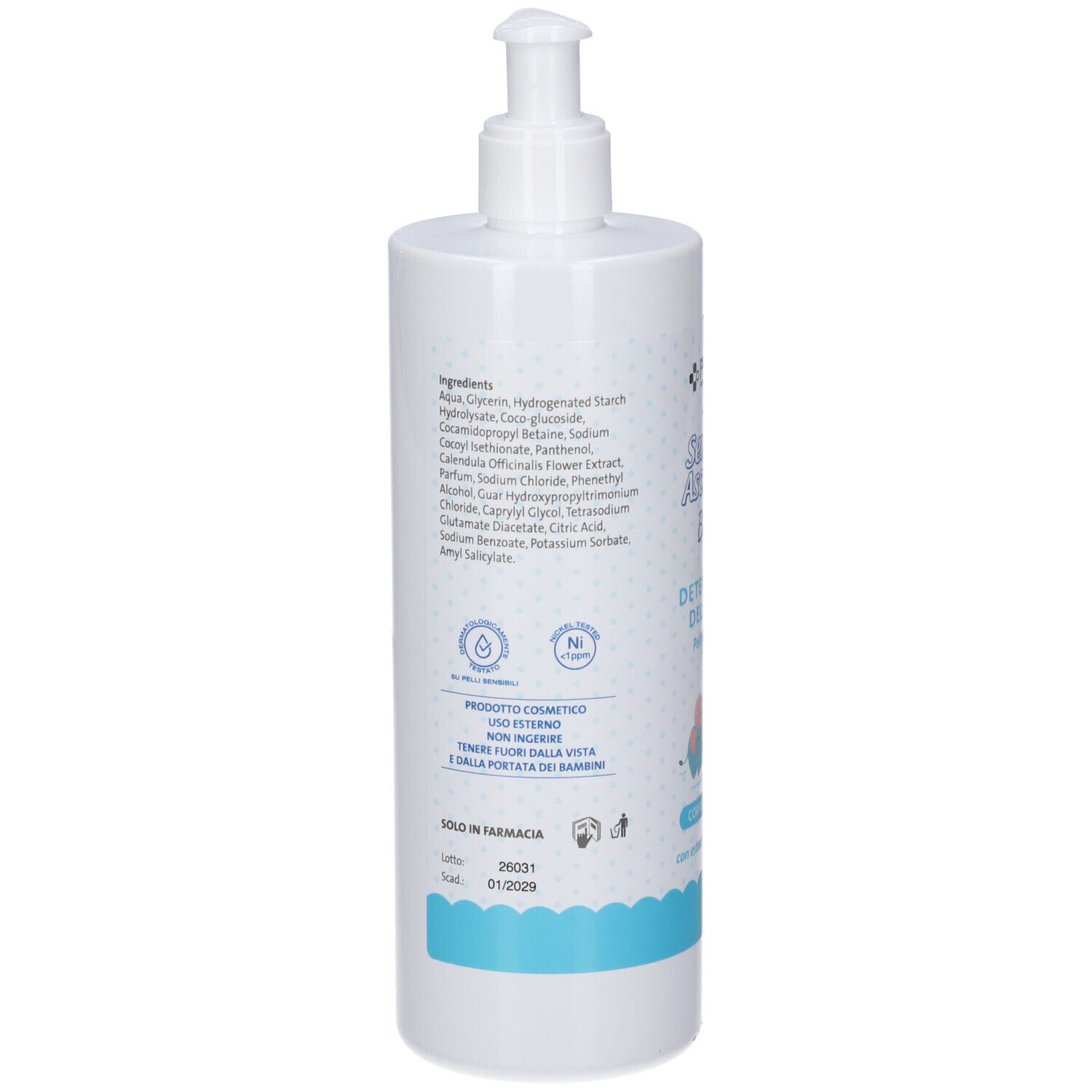 Flacone bianco con pompa, lista ingredienti e sigilli. Contiene Aqua, Glicerina, Estratto di Fiori di Calendula Officinalis.