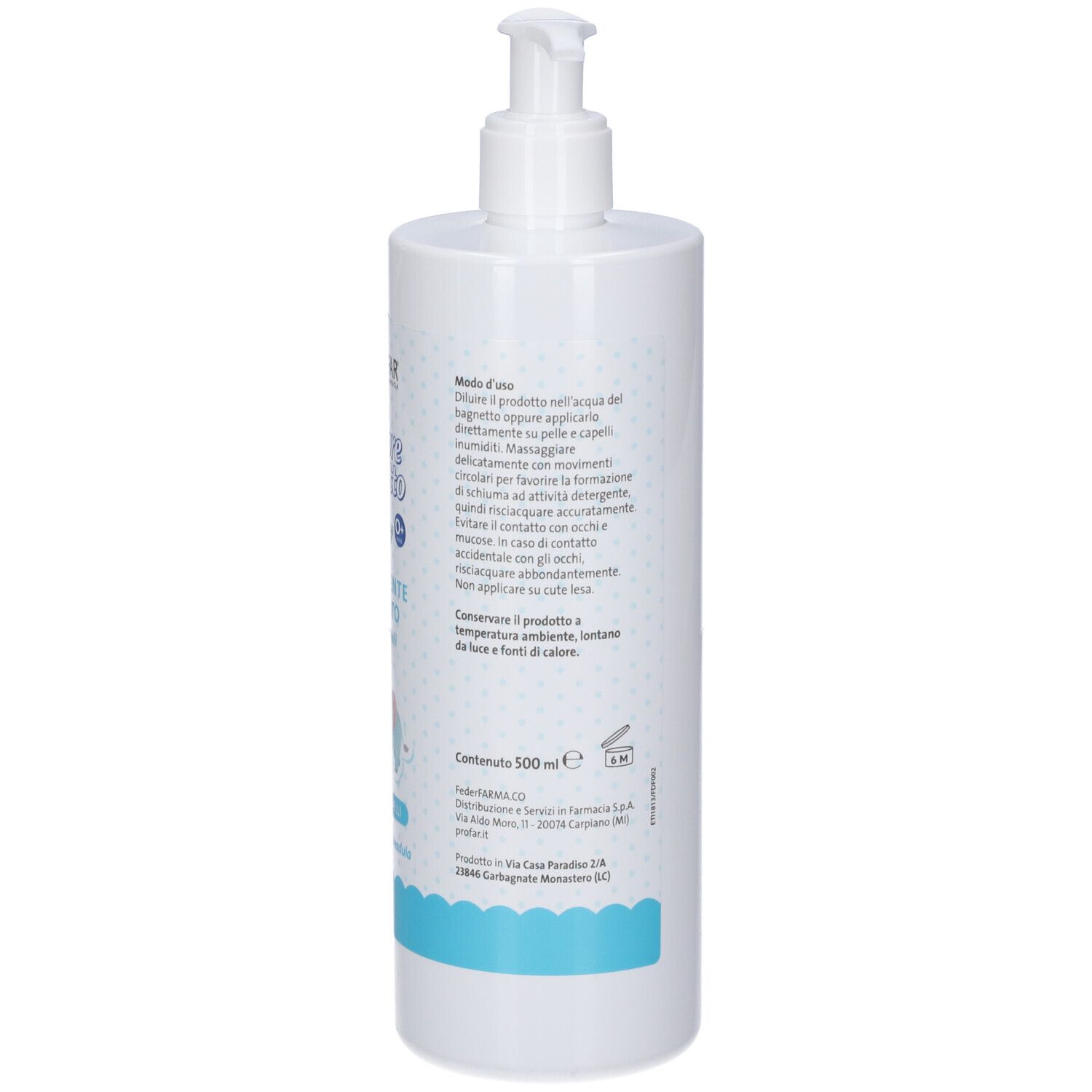 Flacone bianco con pompa, accenti di motivo a onde blu e informazioni testuali.