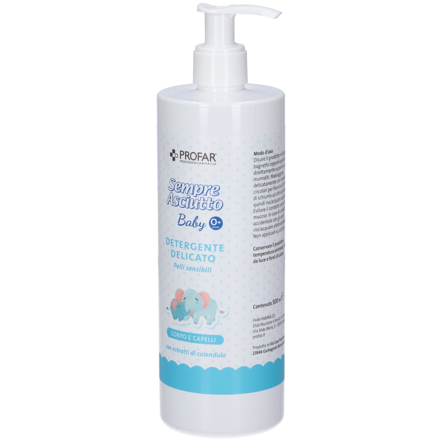 Flacone bianco con pompa, detergente delicato per corpo e capelli, pelli sensibili.