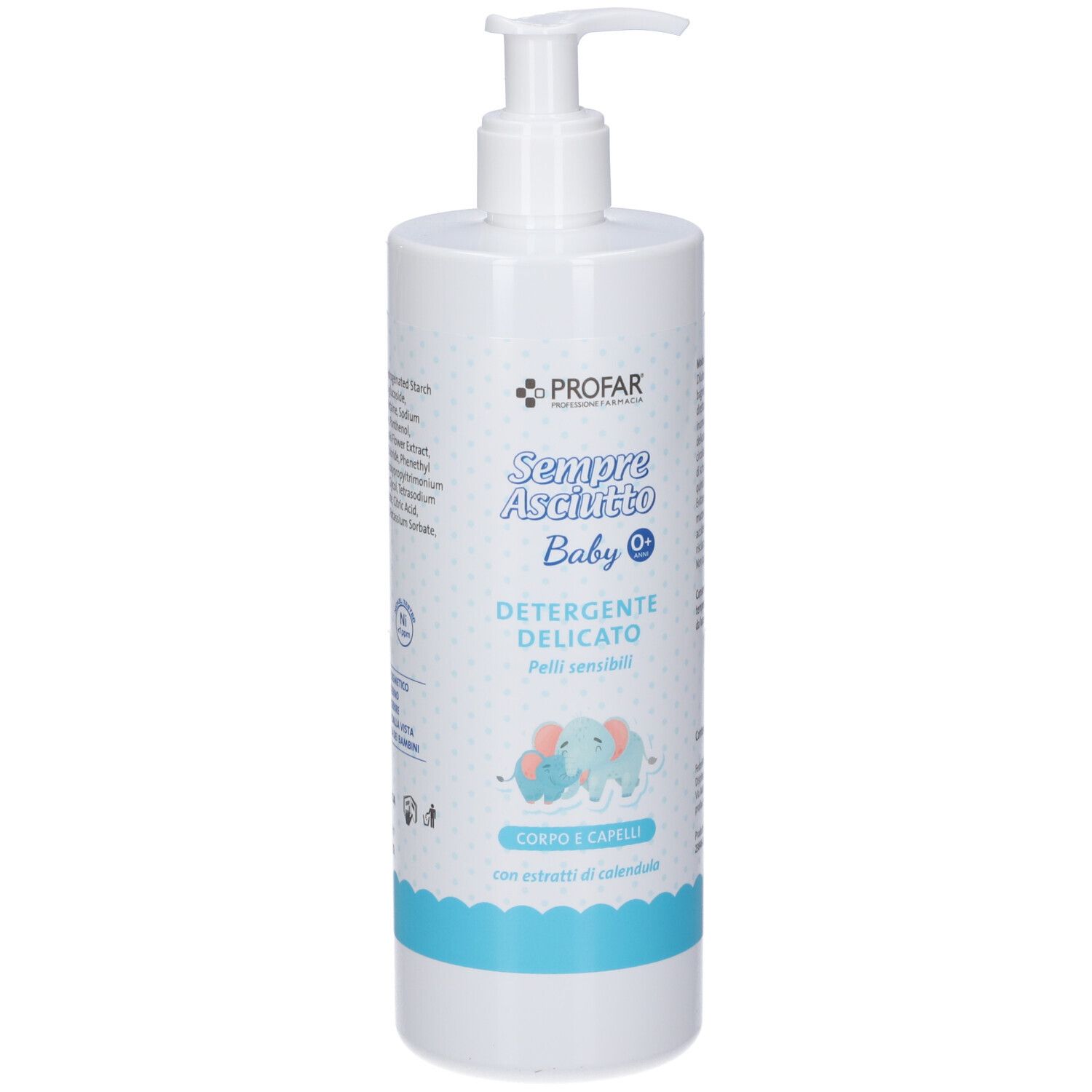 Flacone bianco con pompa contenente detergente per corpo e capelli per neonati. Marca: PROFAR.