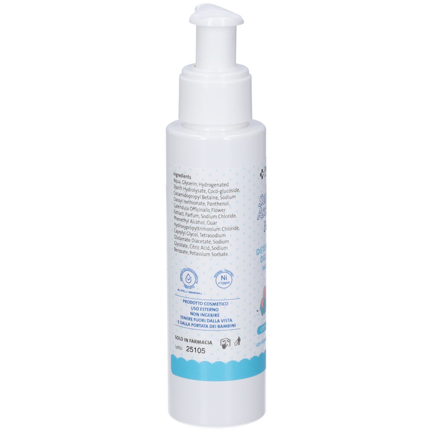Retro di un flacone bianco con pompa, ingredienti del detergente visibili.