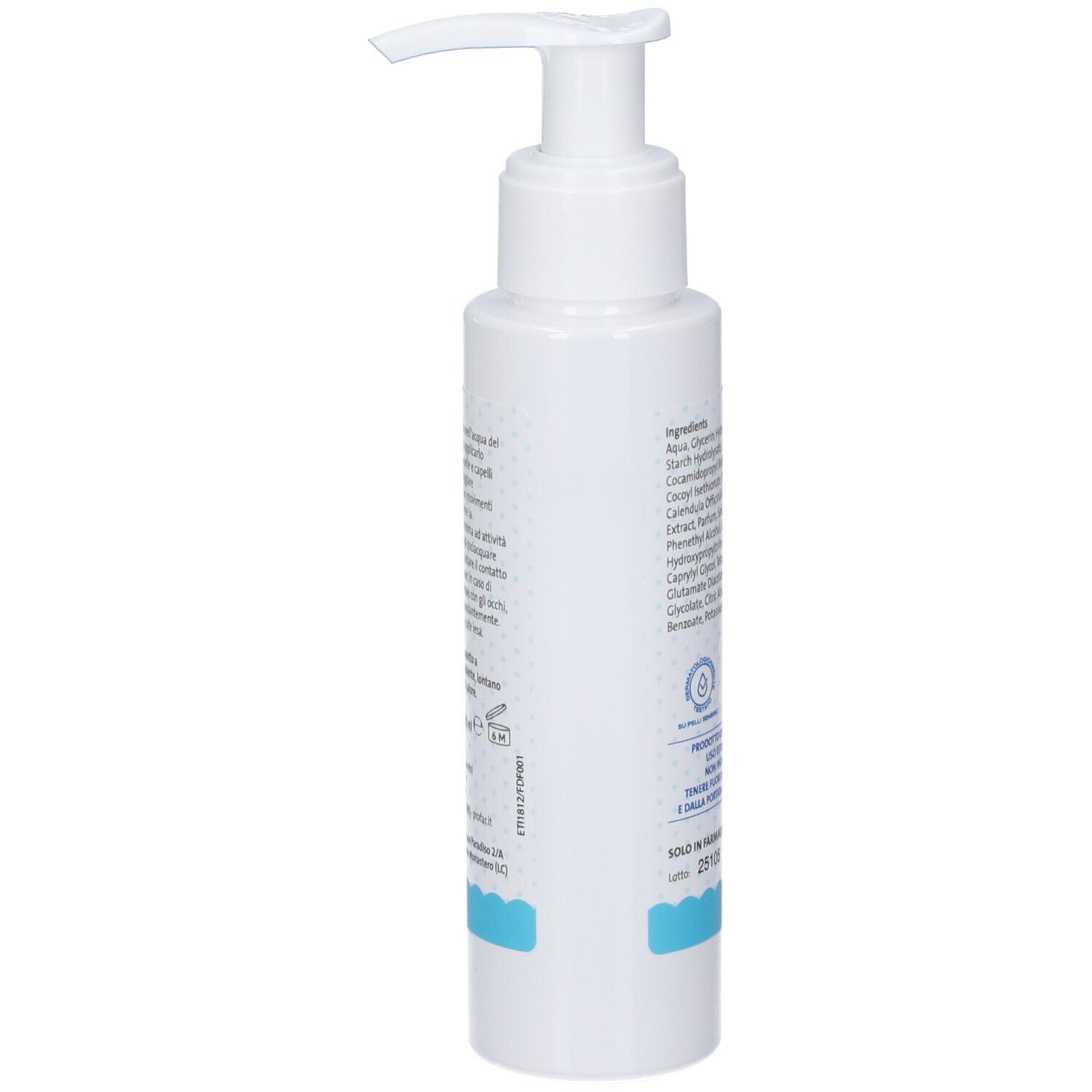 Vista laterale di un flacone bianco con pompa, detergente per bambini.