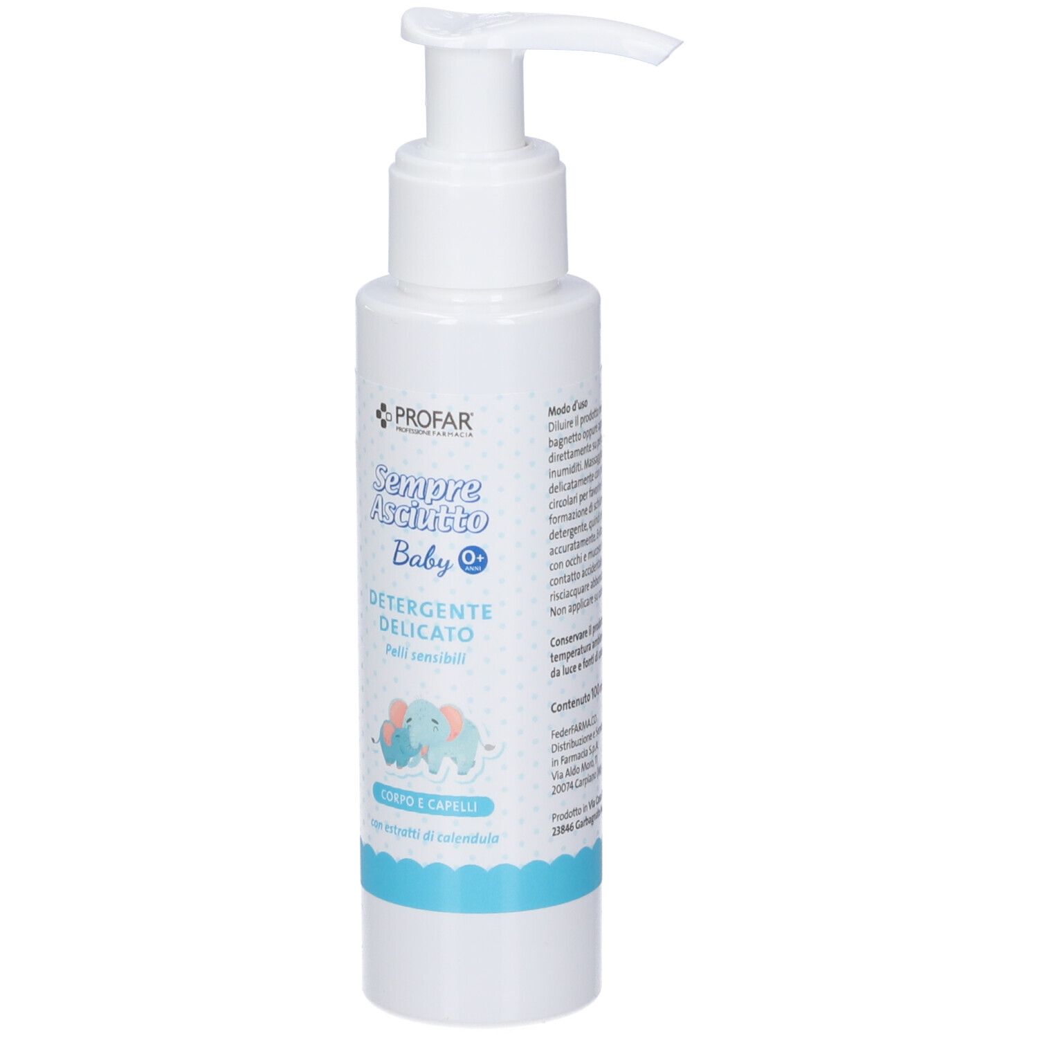 Flacone bianco con pompa, detergente per corpo e capelli, vista frontale.