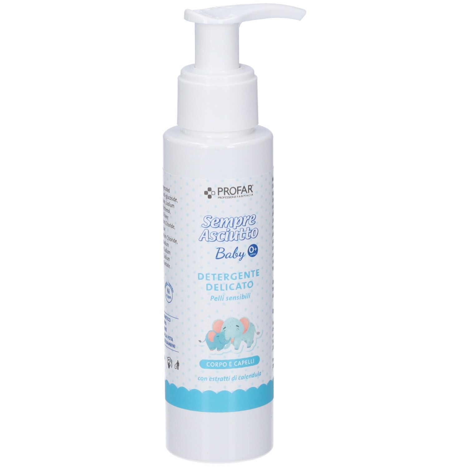 Flacone bianco con pompa, detergente per corpo e capelli, leggermente angolato.
