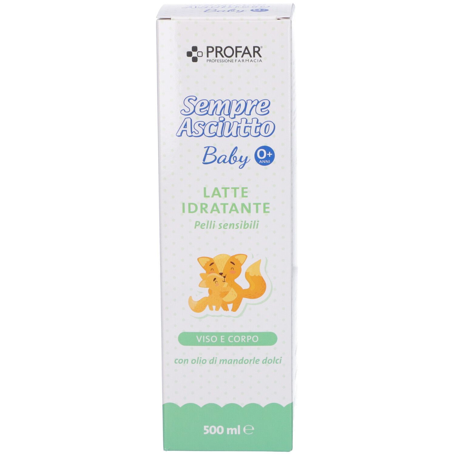 Scatola di Latte Idratante Profar Sempre Asciutto Baby con motivo volpe e indicazione 500 ml.