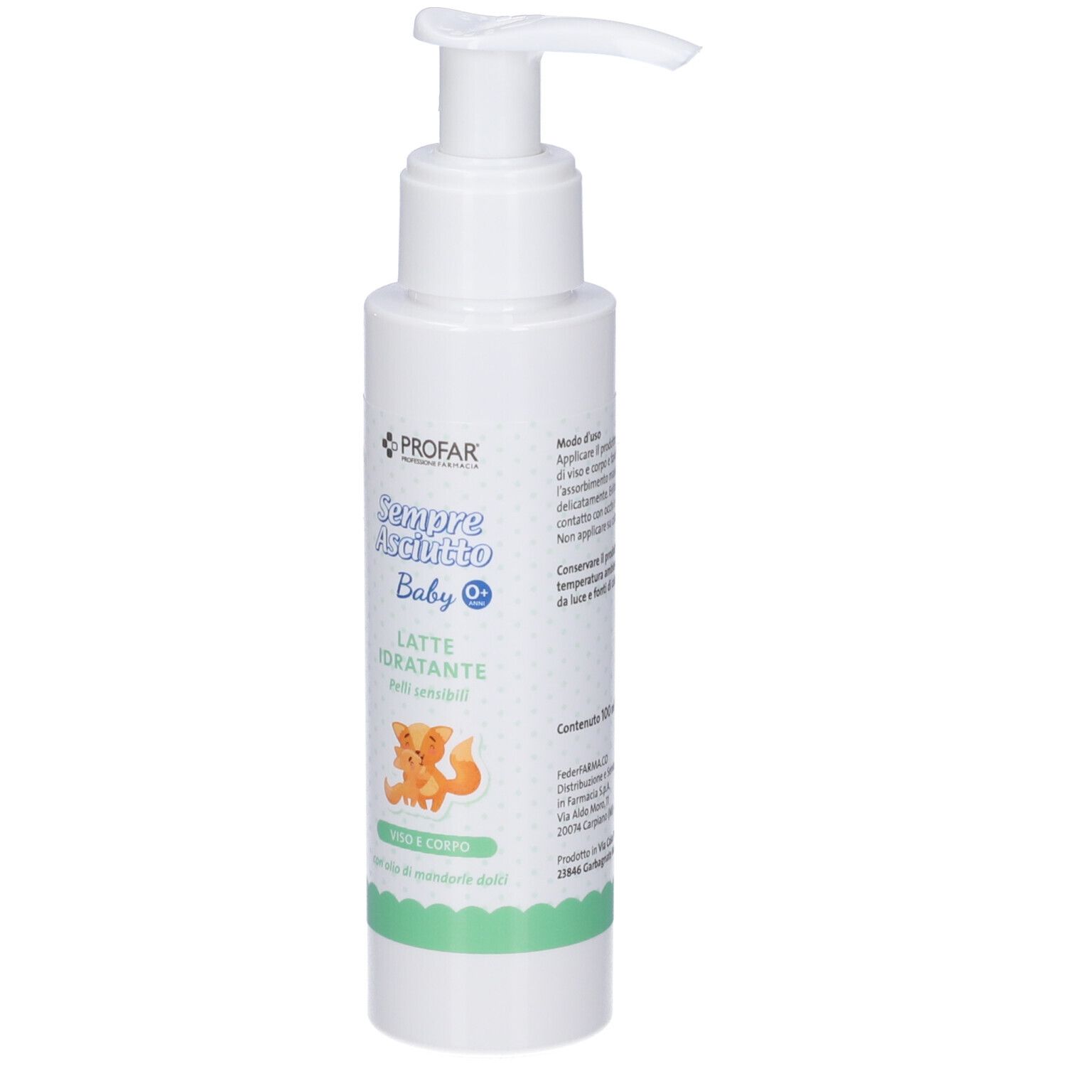 Flacone con dispenser, latte idratante baby, fronte.