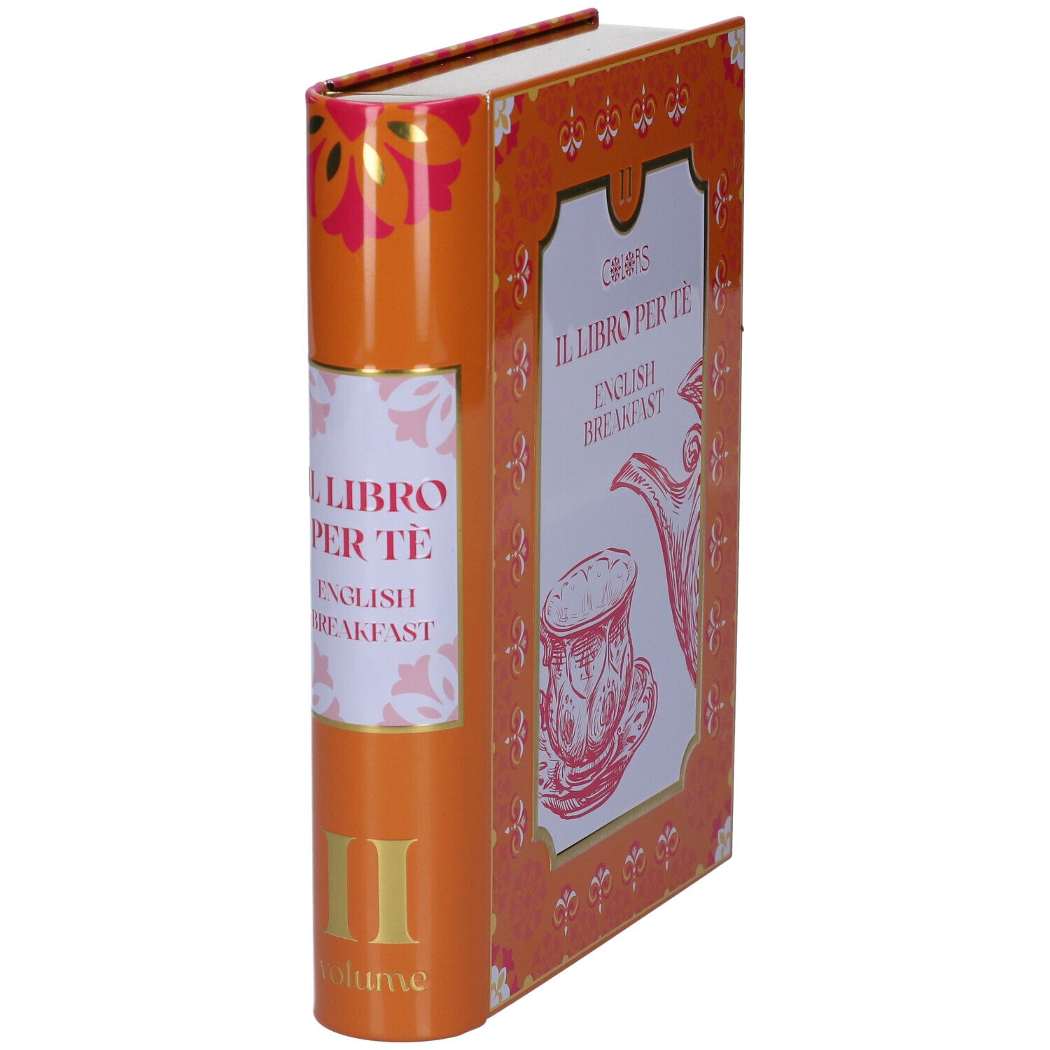 Confezione arancione a forma di libro, vista laterale. Scritta "IL LIBRO PER TE ENGLISH BREAKFAST" sul dorso.
