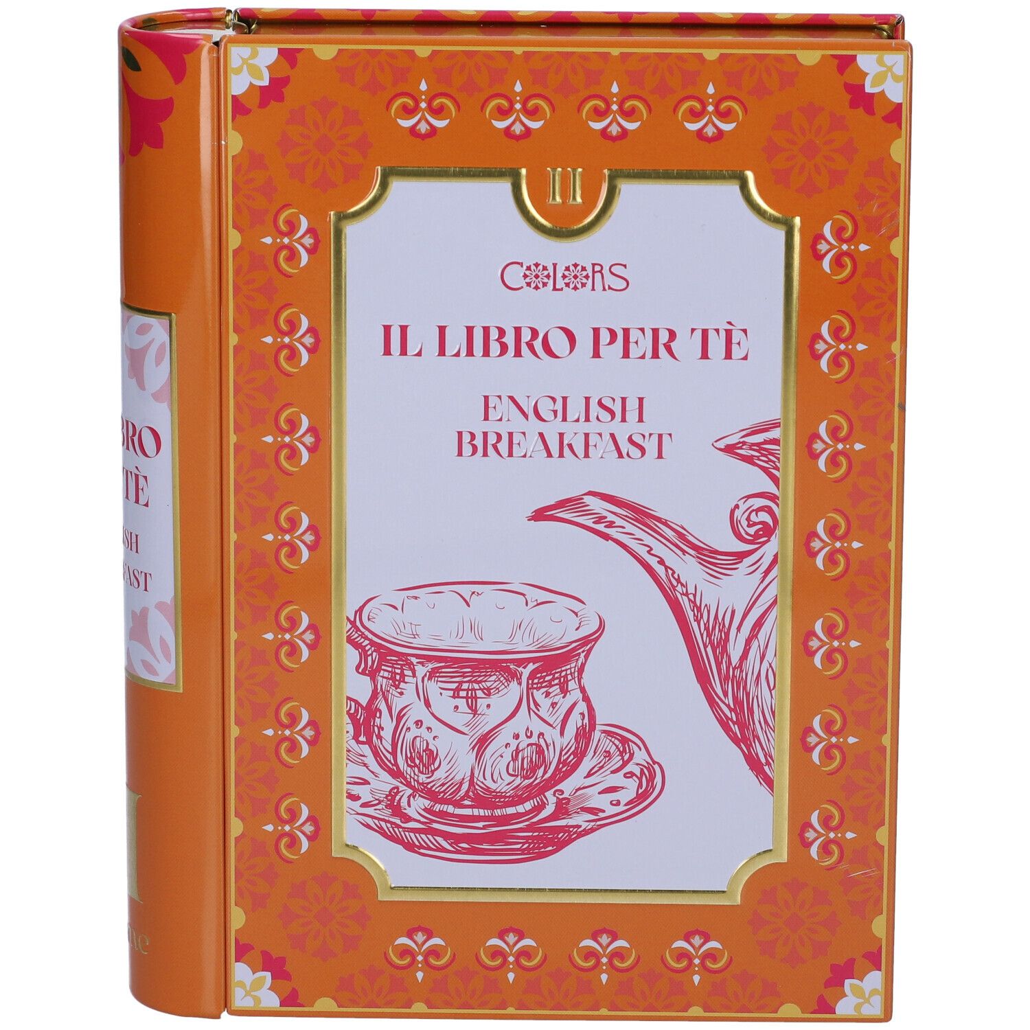 Confezione arancione a forma di libro, con scritta "IL LIBRO PER TE ENGLISH BREAKFAST" e illustrazione di tazza da tè.