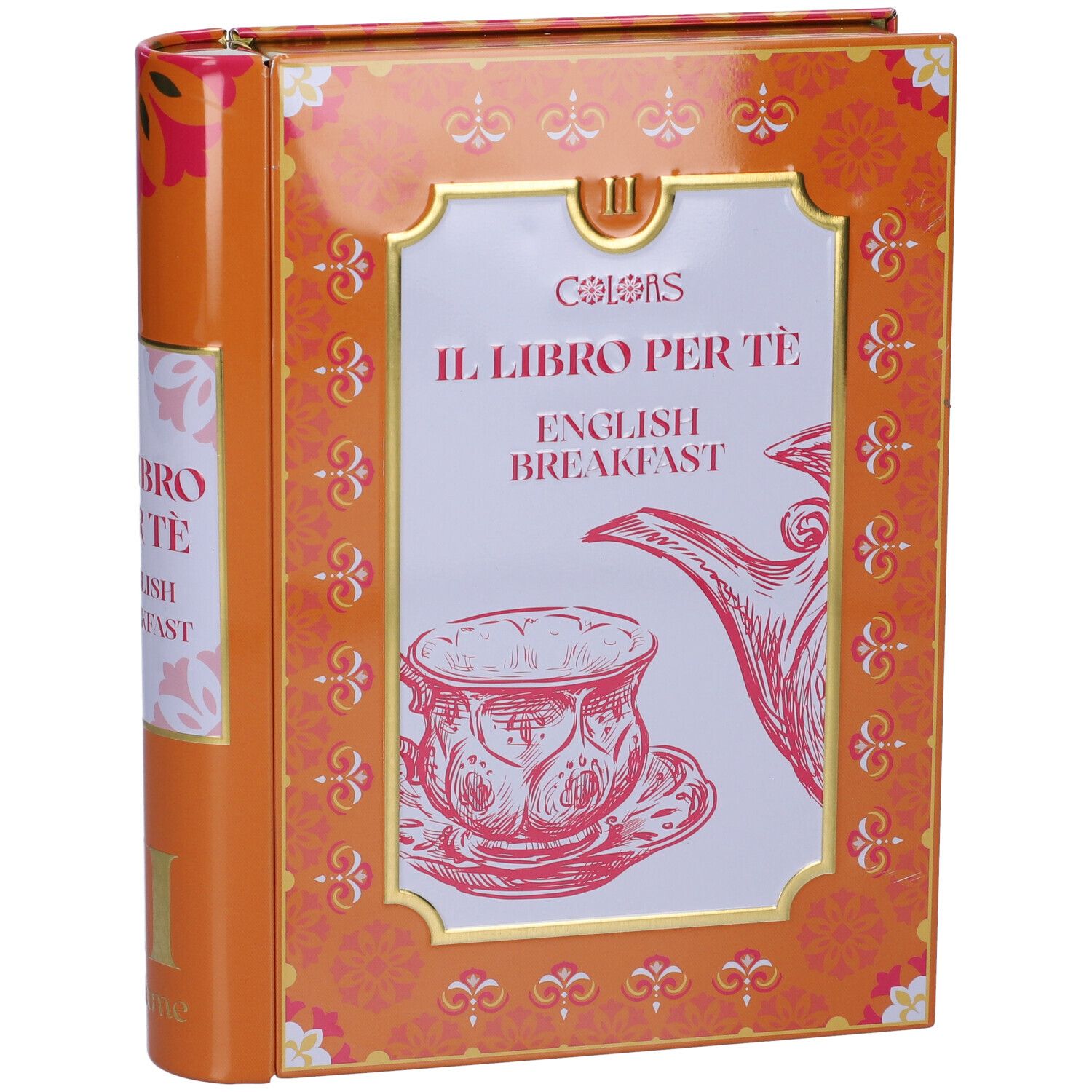 Confezione arancione a forma di libro, con scritta "IL LIBRO PER TE ENGLISH BREAKFAST" e illustrazione di tazza da tè.