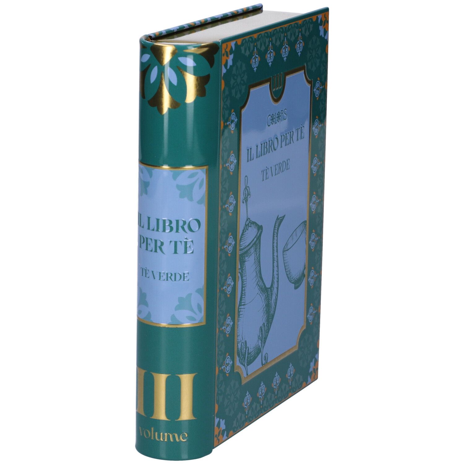 Scatola da tè verde a forma di libro, lato con teiera e tazza.