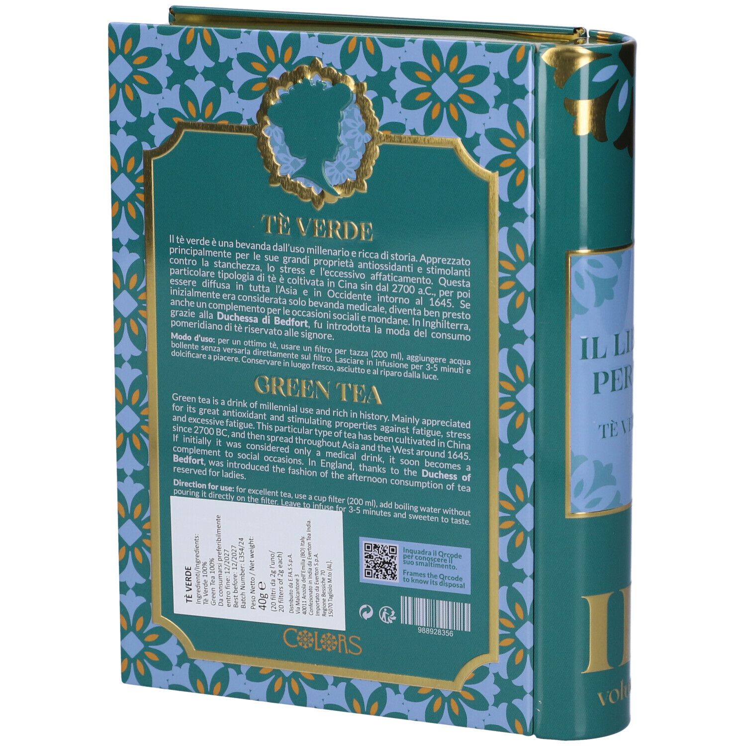 Retro di una scatola da tè verde a forma di libro con testo.