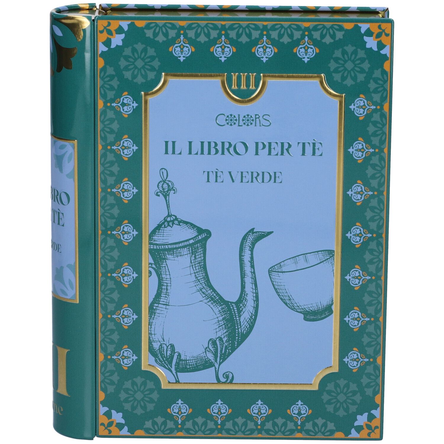 Scatola da tè verde a forma di libro con teiera e tazza.