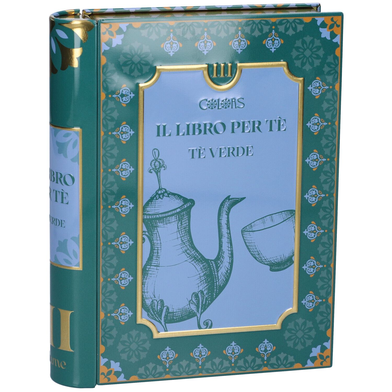 Scatola da tè verde a forma di libro con teiera e tazza.
