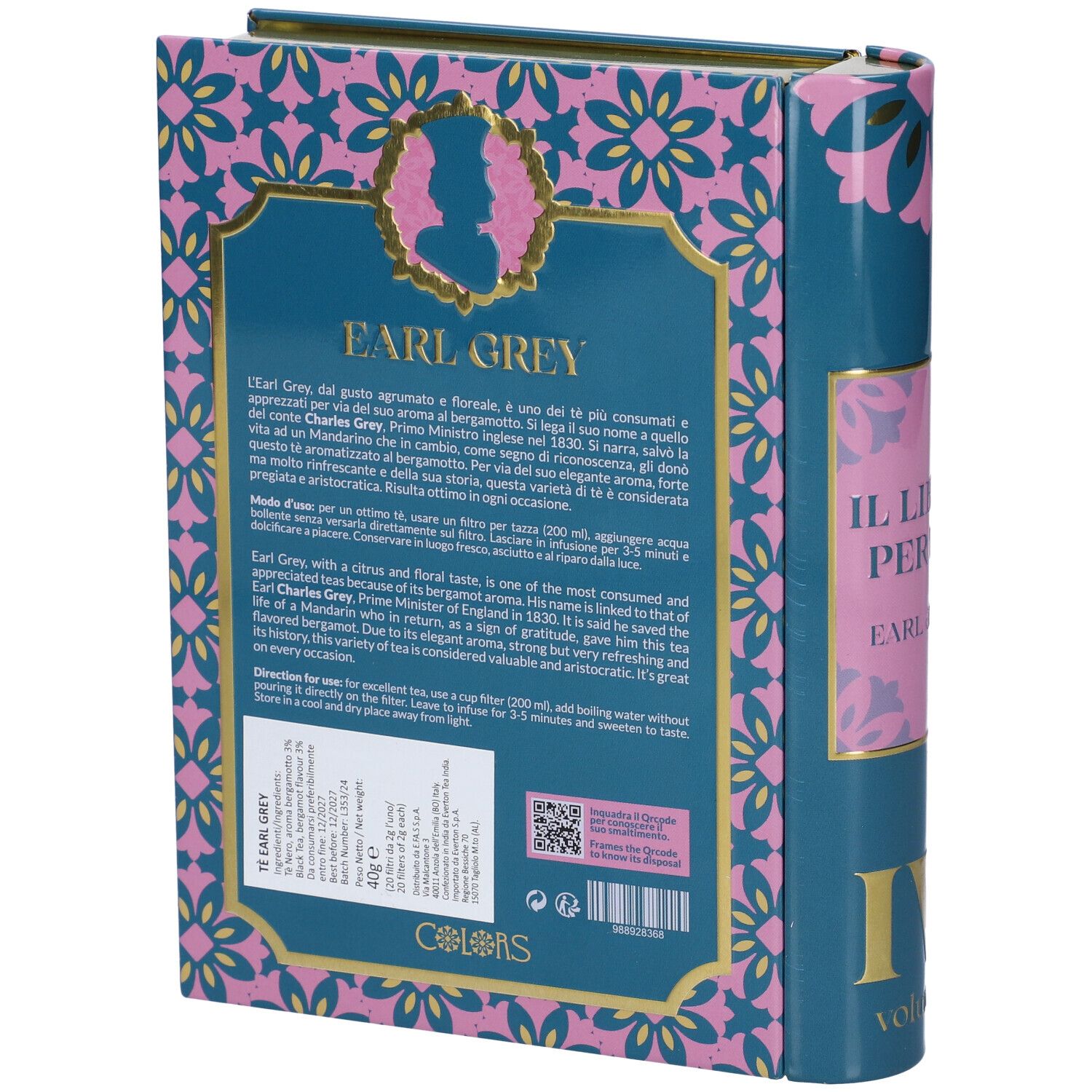 Retro di una scatola da tè a forma di libro con informazioni Earl Grey.