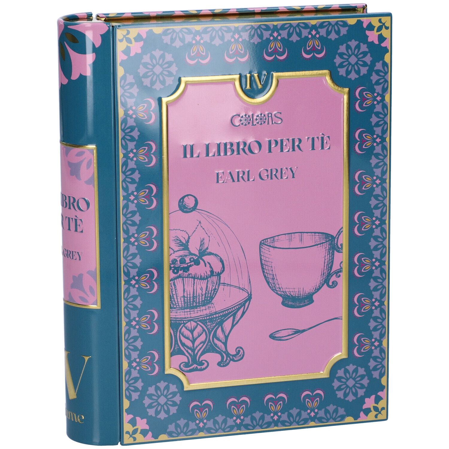 Scatola da tè a forma di libro, Volume IV, con scritta Earl Grey.