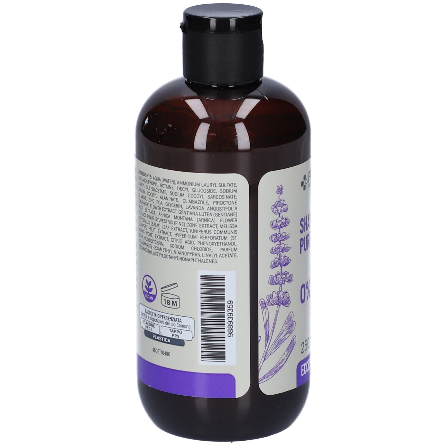 Flacone marrone di shampoo con tappo nero, etichetta ingredienti e illustrazione di lavanda. 250ml.