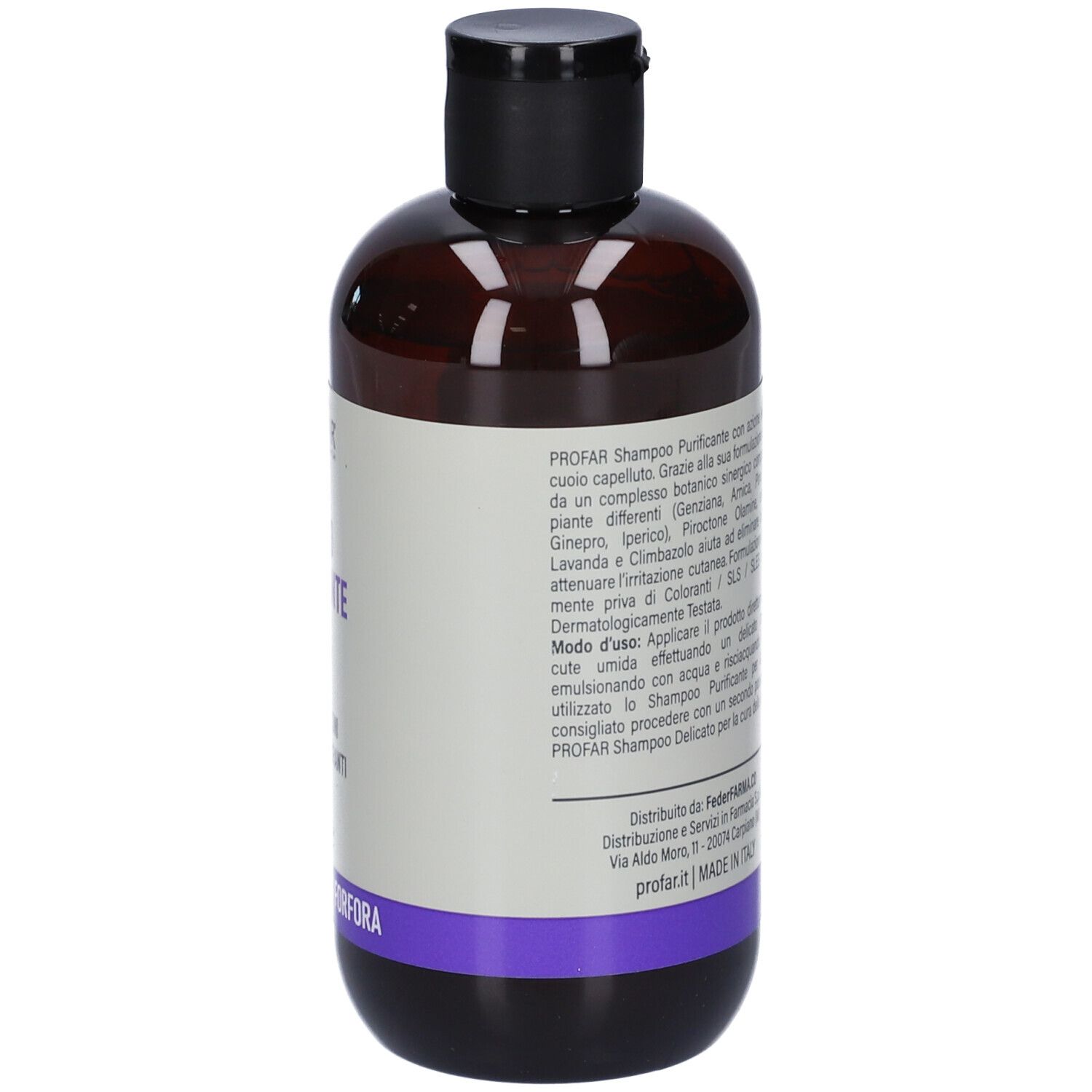 Flacone di shampoo marrone con tappo nero a scatto. Etichetta viola con testo.