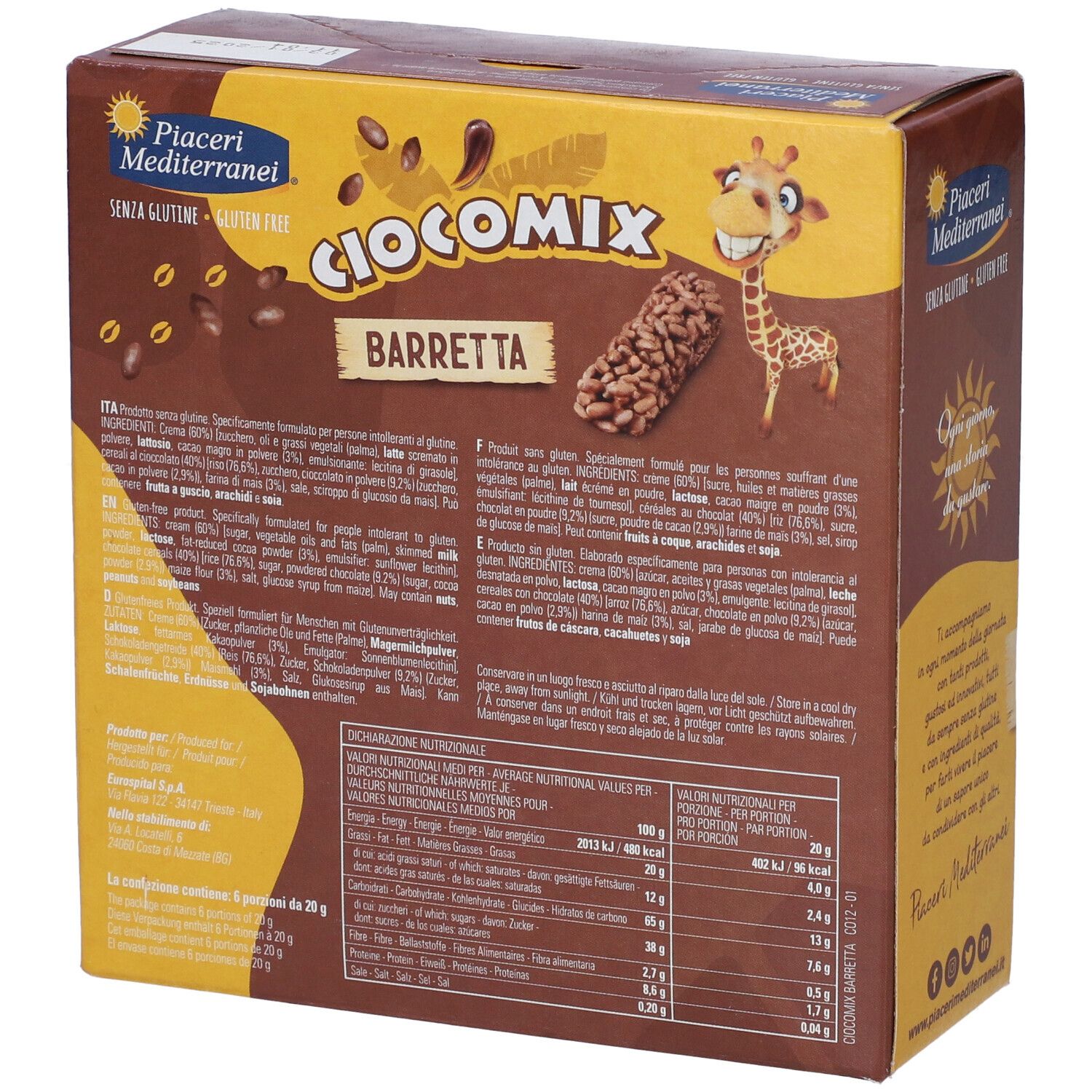 Scatola Ciocomix Barretta. Senza glutine. Retro con elenco ingredienti e informazioni nutrizionali. Contiene informazioni.