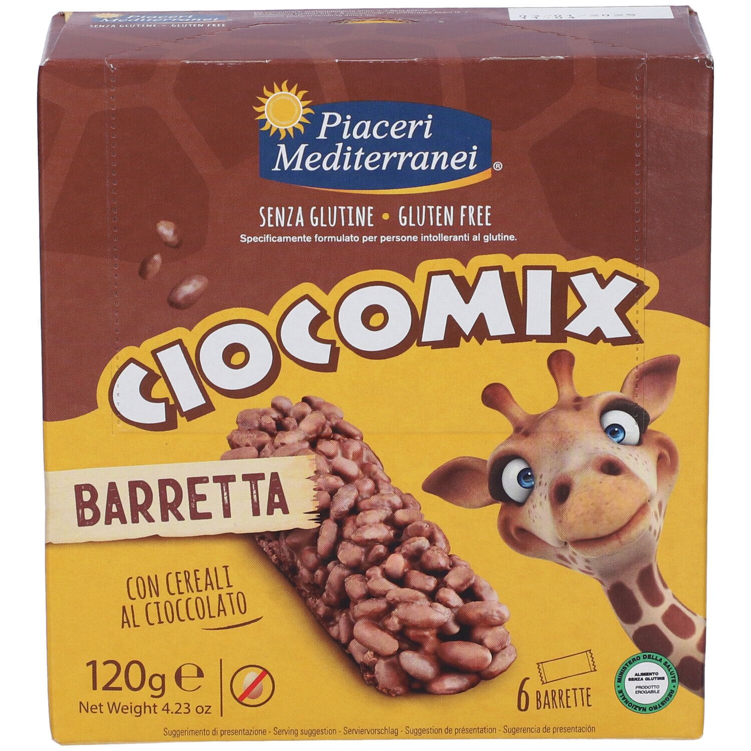 Scatola Ciocomix Barretta. Senza glutine. Immagine di barretta al cioccolato e mascotte giraffa. Contiene 6 barrette.