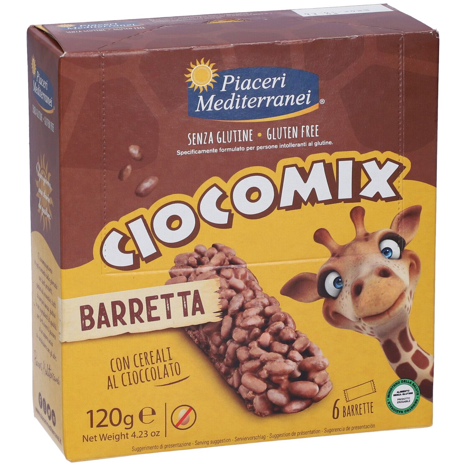 Scatola Ciocomix Barretta. Senza glutine. Immagine di barretta al cioccolato e mascotte giraffa. Contiene 6 barrette.