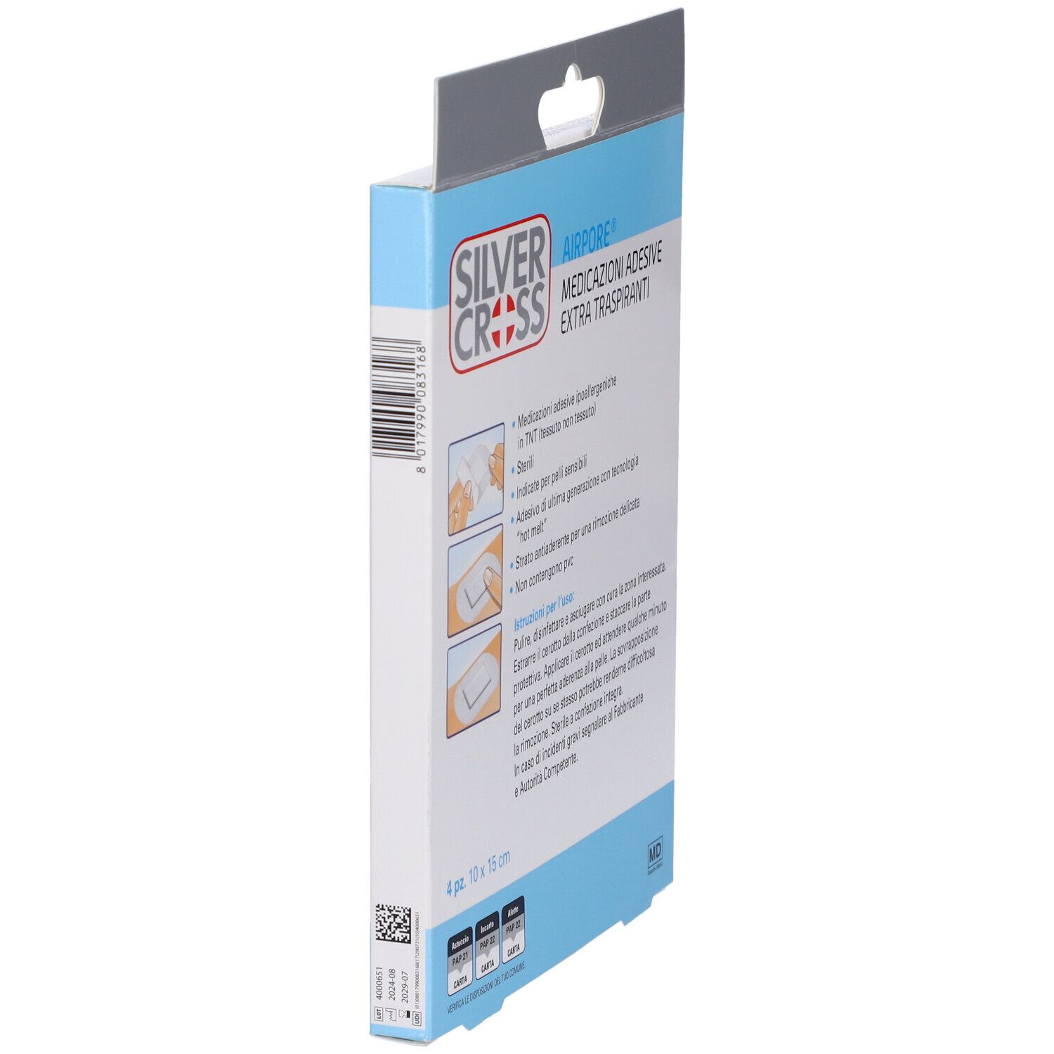 Medicazione Adesiva In Tnt Silver Cross Airpore 10X15 Cm 4 Pezzi