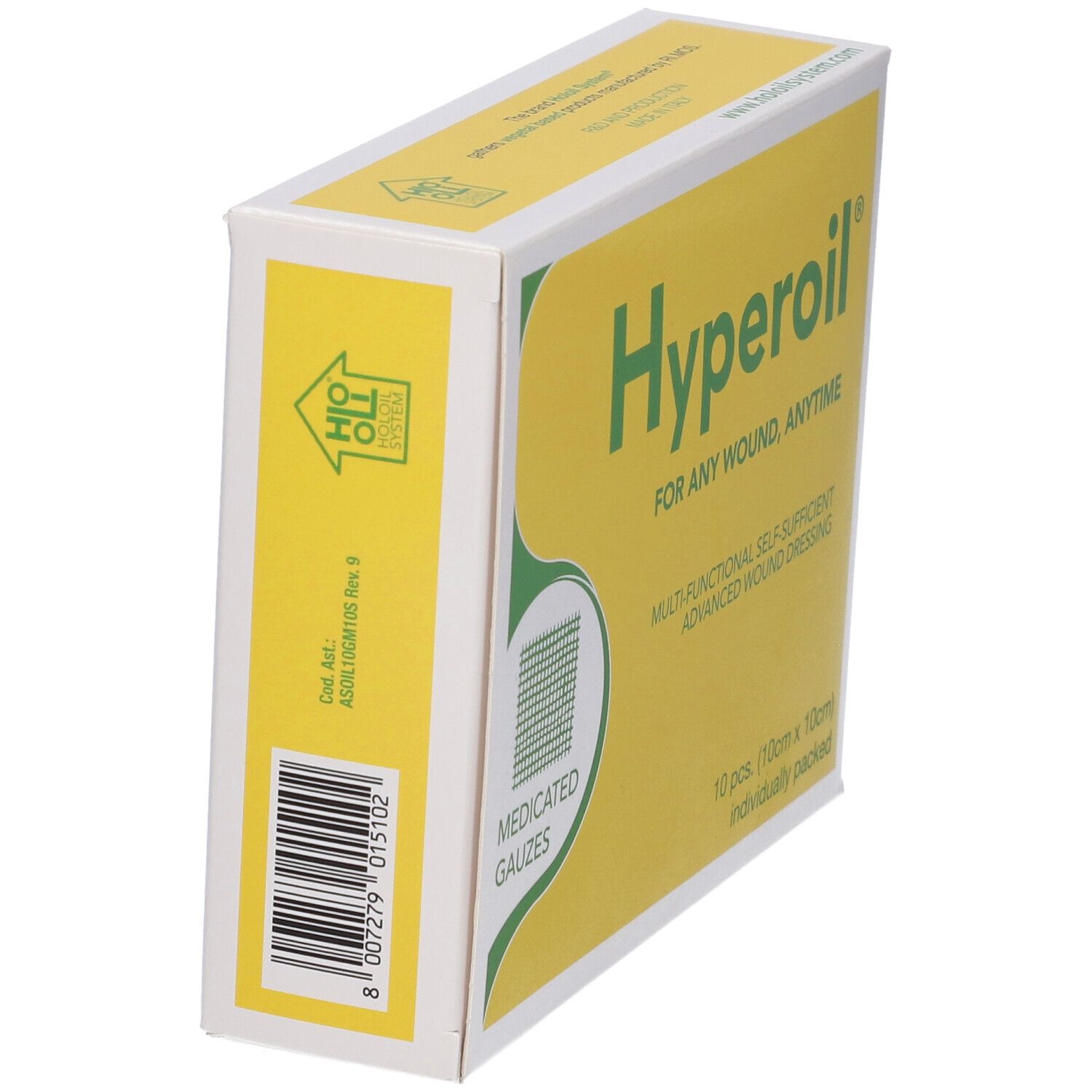 Scatola con superficie gialla e logo verde. Scritto: Hyperoil. Garze medicate. Codice a barre e simbolo freccia.