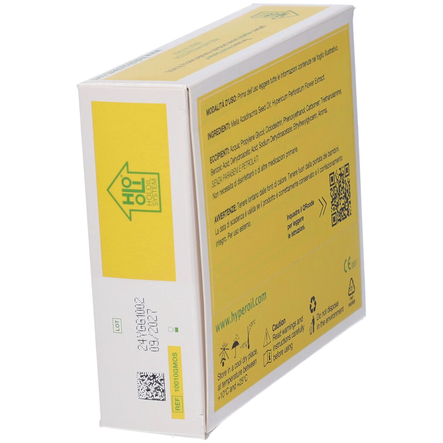 Scatola gialla con testo e codice QR. Scritto: Ingredienti, attenzione, istruzioni per l'uso. Marchio CE.