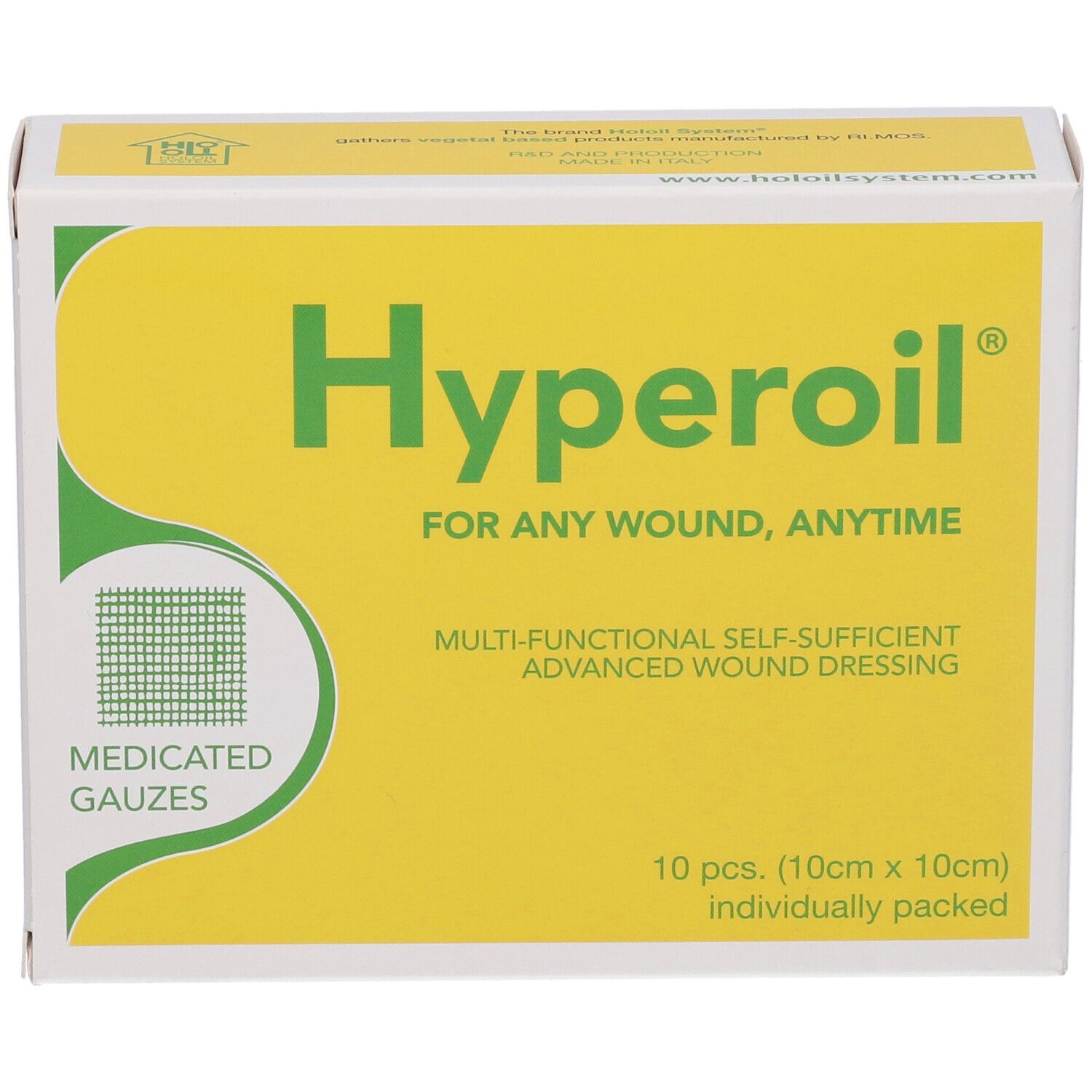 Scatola gialla con logo e testo verdi. Scritto: Hyperoil, per qualsiasi ferita, in qualsiasi momento. 10 pezzi. Garze medicate.