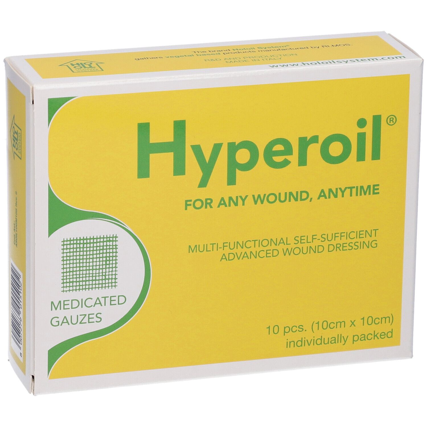 Scatola gialla con logo e testo verdi. Scritto: Hyperoil, per qualsiasi ferita, in qualsiasi momento. 10 pezzi. Garze medicate.