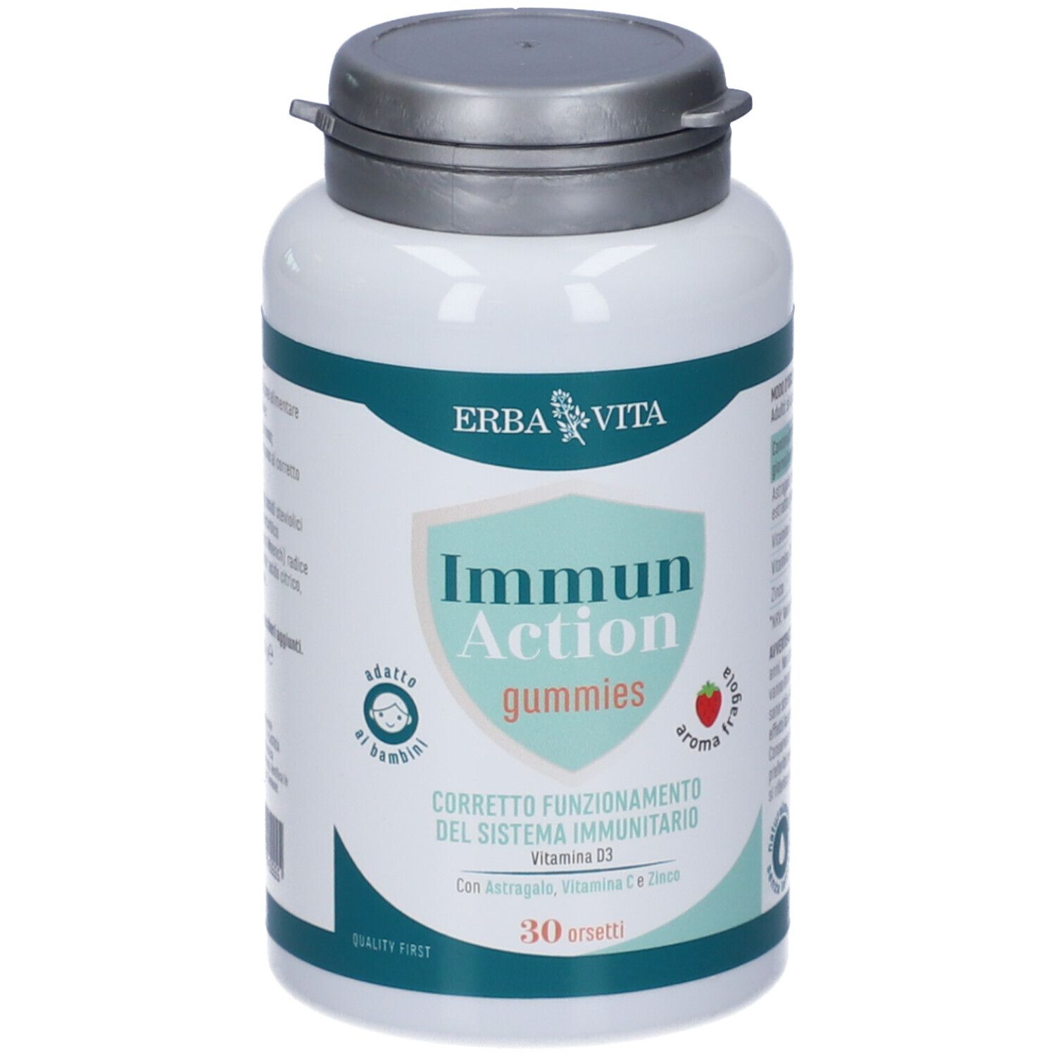Flacone bianco con tappo grigio. Scritta: Erba Vita, Immun Action Gummies, 30 orsetti. Aroma fragola.