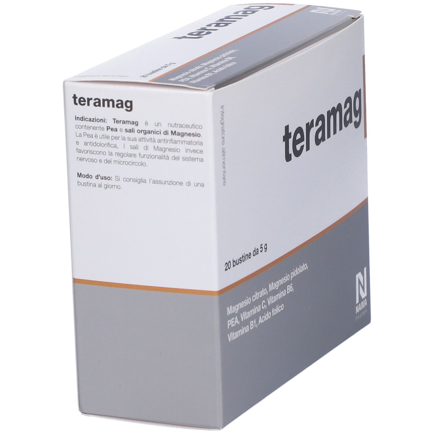 Scatola "teramag". Contiene 20 bustine. Iscrizioni: ingredienti, modo d'uso. Marchio: Naima Pharma.