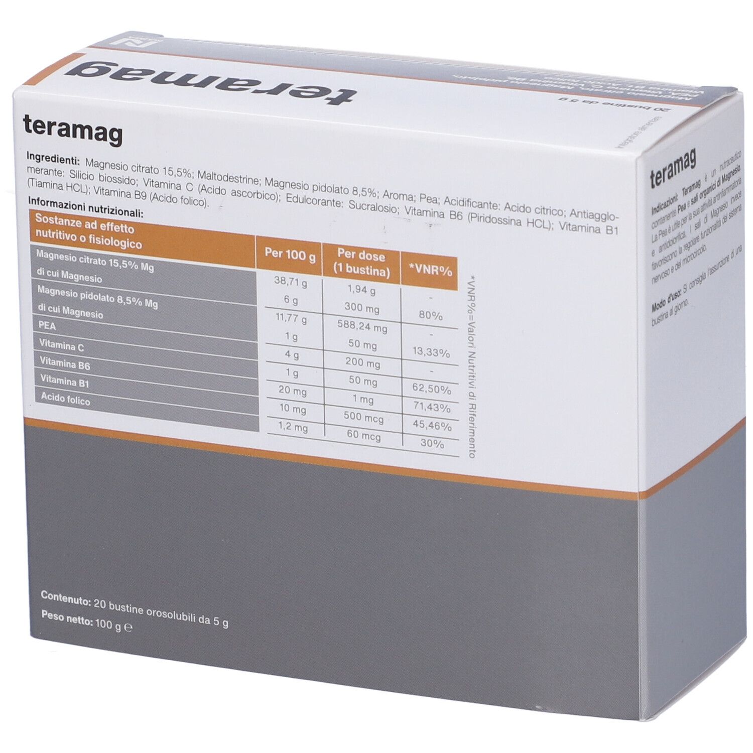 Scatola "teramag". Contiene 20 bustine. Informazioni nutrizionali e ingredienti stampati. Marchio: Naima Pharma.