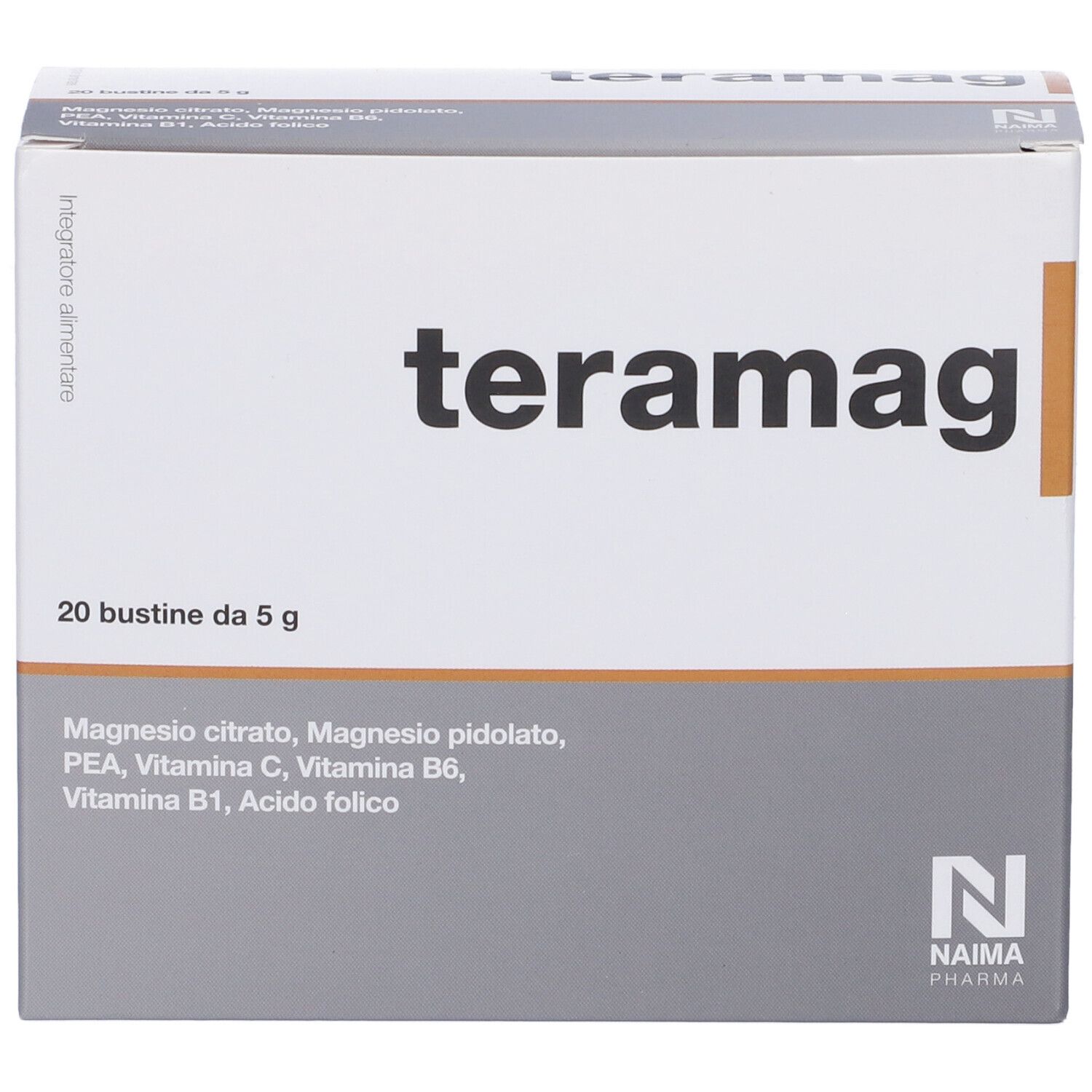 Scatola "teramag" con 20 bustine. Ingredienti: citrato di magnesio, pidolato di magnesio, PEA, vitamina C, B6, B1, acido folico. Marchio: Naima Pharma.